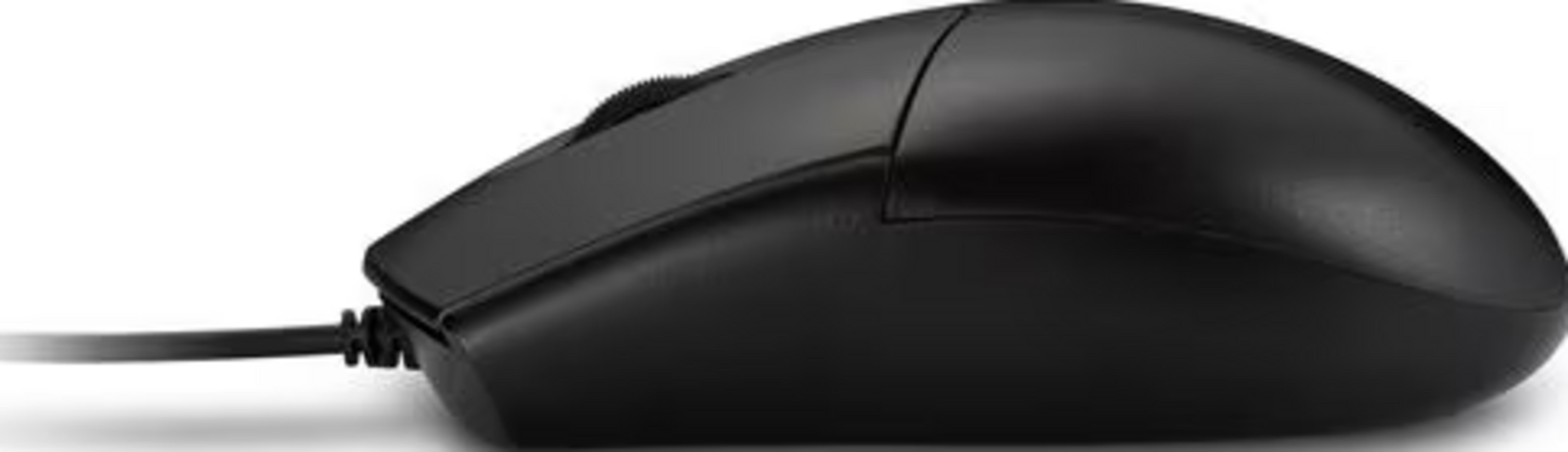 Zwarte computermuis met kabel en scrollwiel.