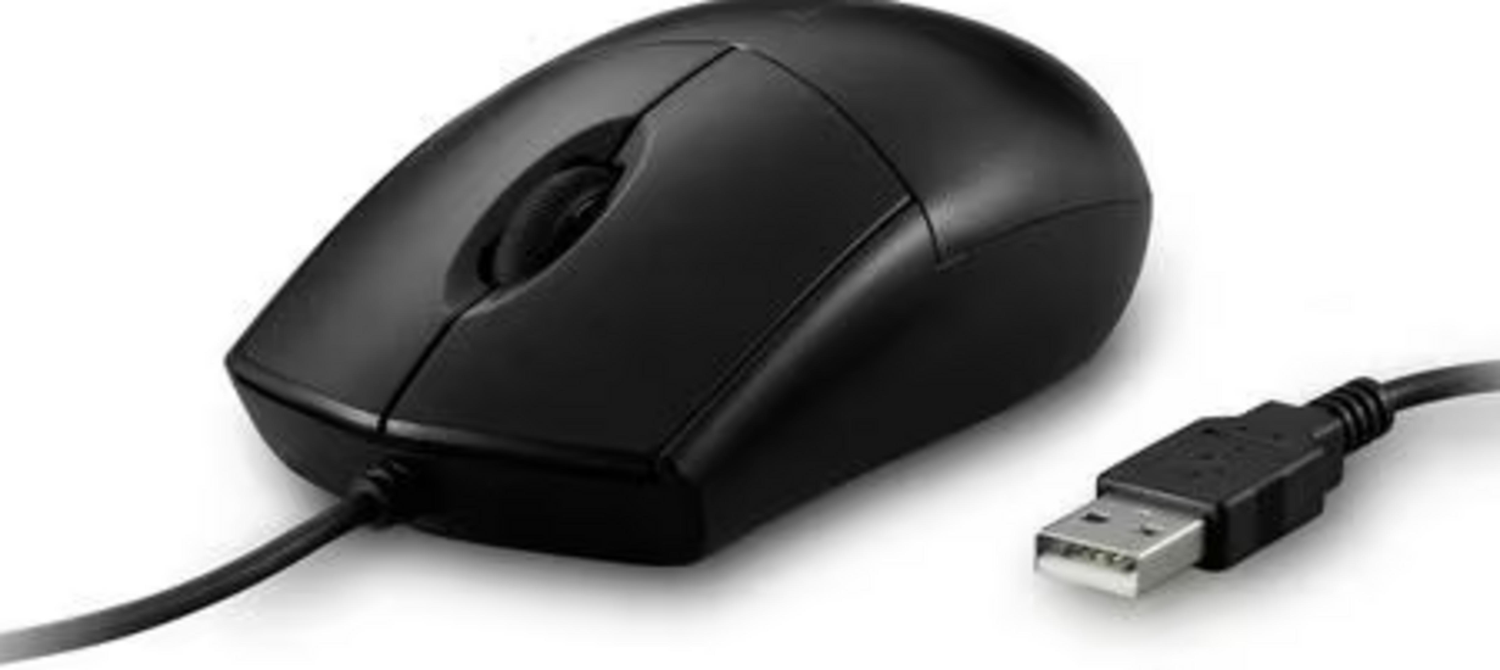Een zwarte USB-computermuis met een scrollwiel en een snoer.
