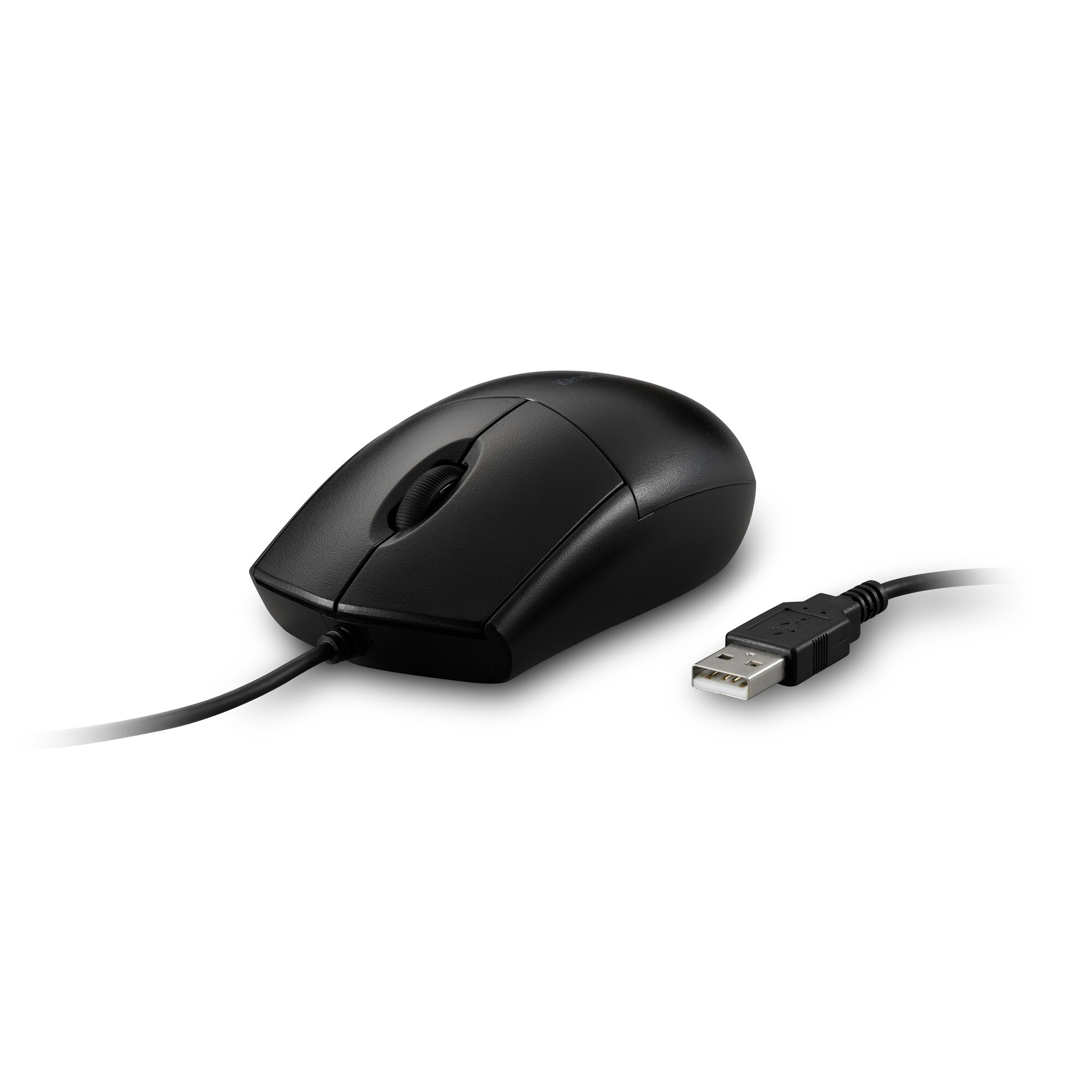 Zwarte USB-muis met scrollwiel en kabel op witte achtergrond.