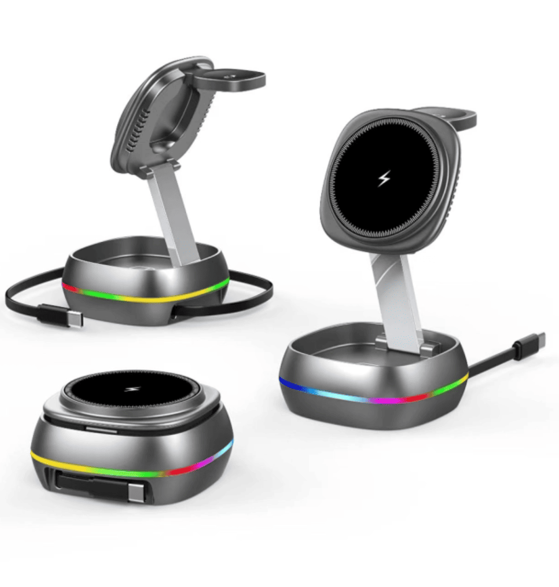Beyaz arka plan üzerinde RGB aydınlatmalı ve USB-C kablolu üç gri kablosuz şarj cihazı.