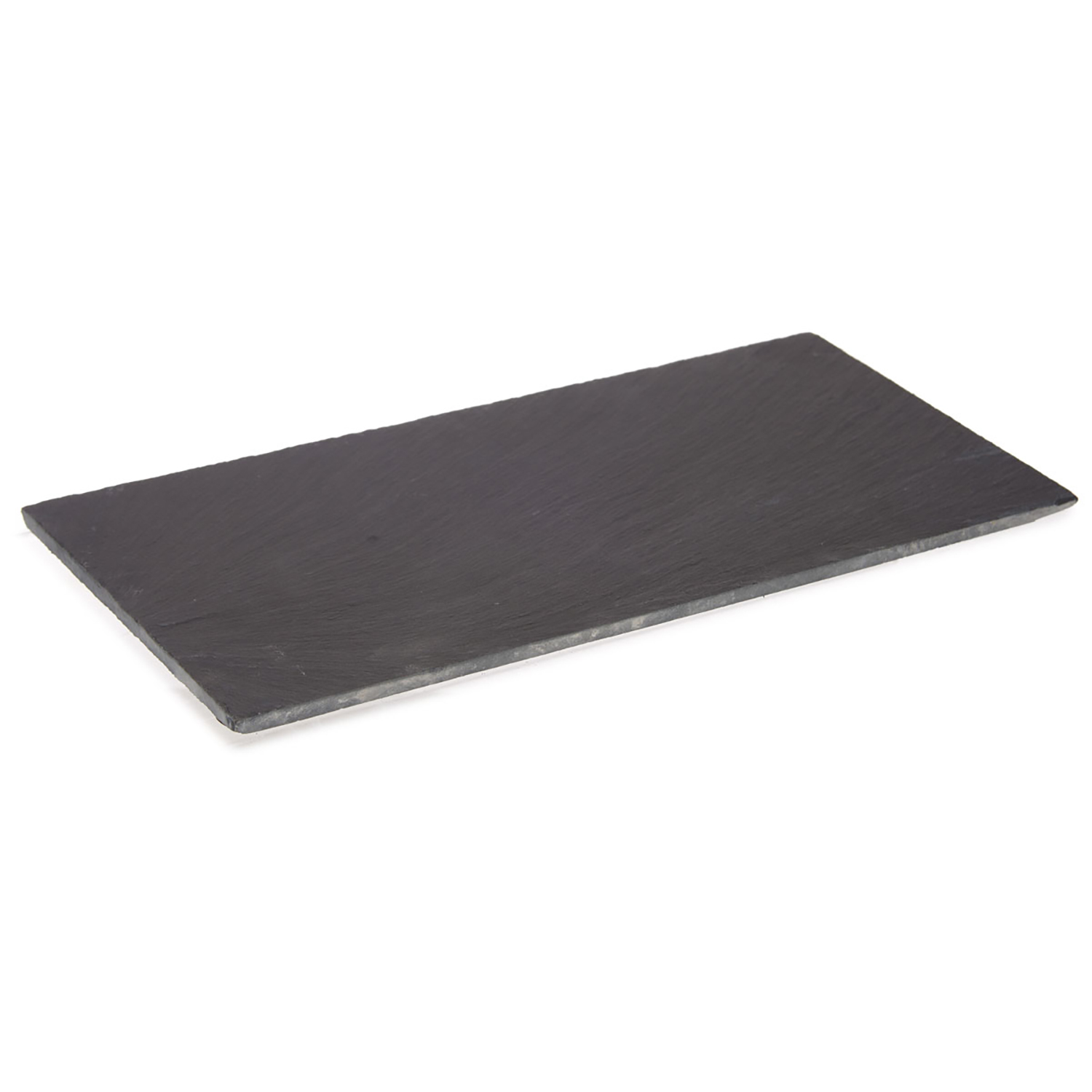 Una bandeja rectangular de pizarra negra se muestra sobre un fondo blanco.