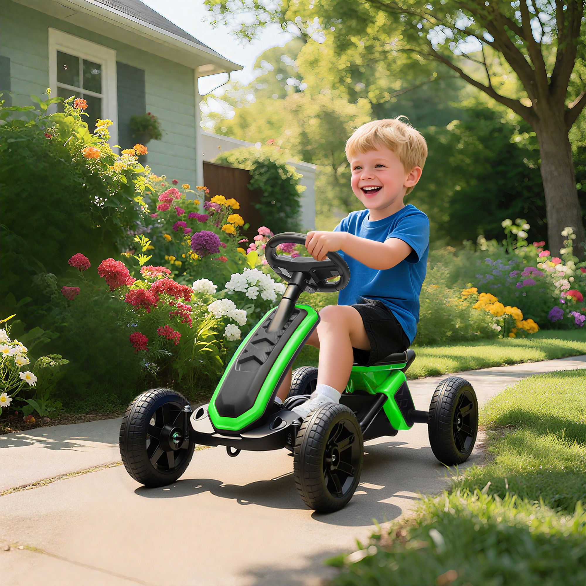 Un niño sonriente con camisa azul monta un coche de pedales verde.