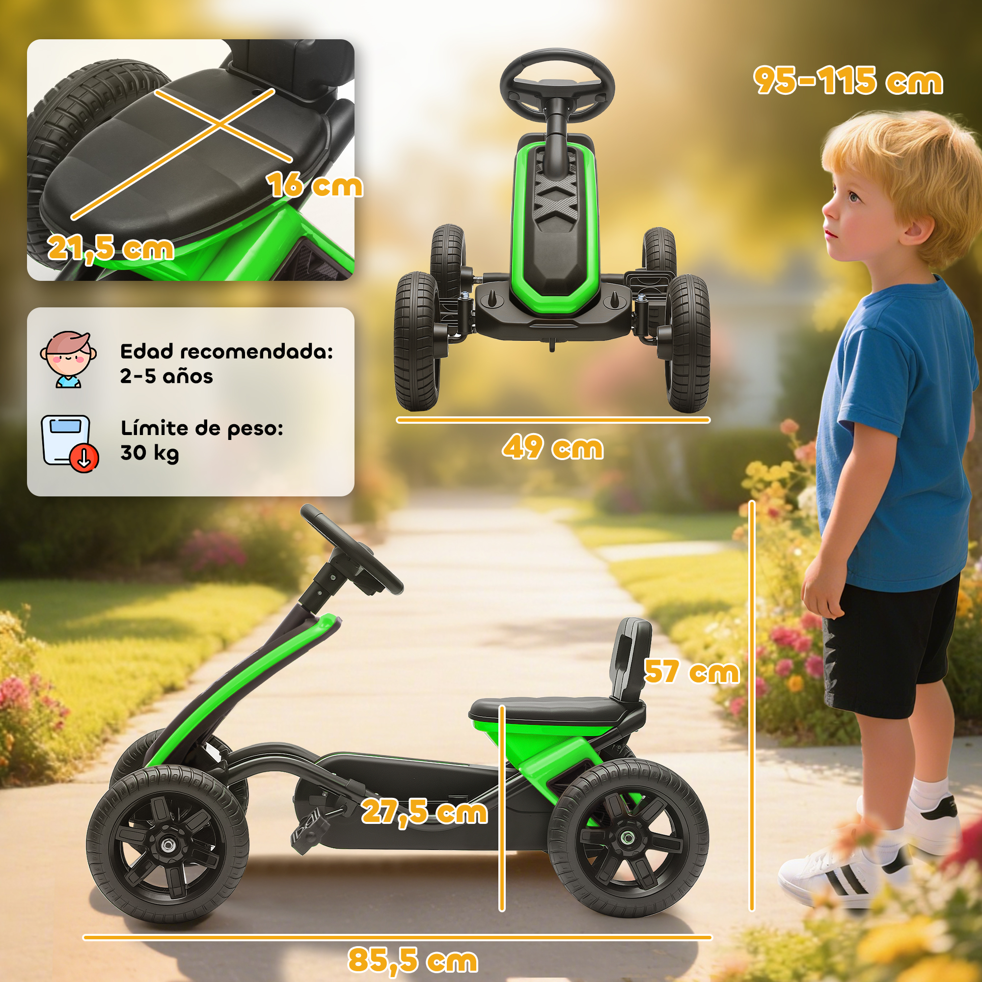 Un niño junto a un kart a pedales infantil verde y negro con medidas.