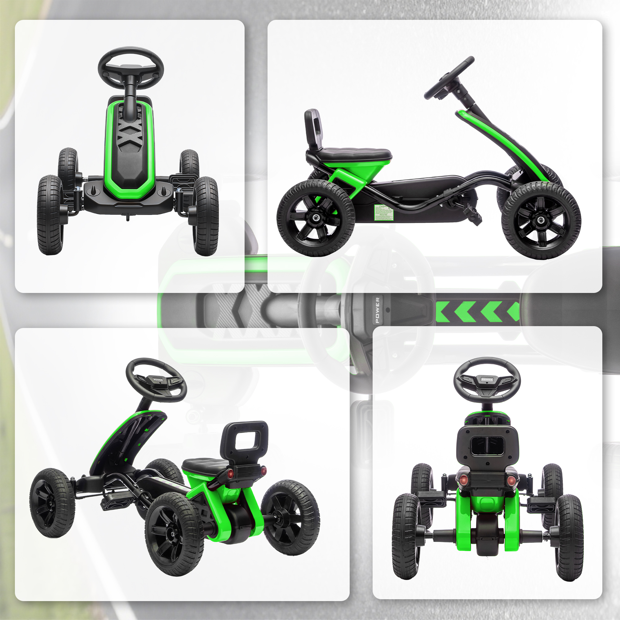 Un coche de pedales verde y negro con cuatro ruedas, volante y asiento.