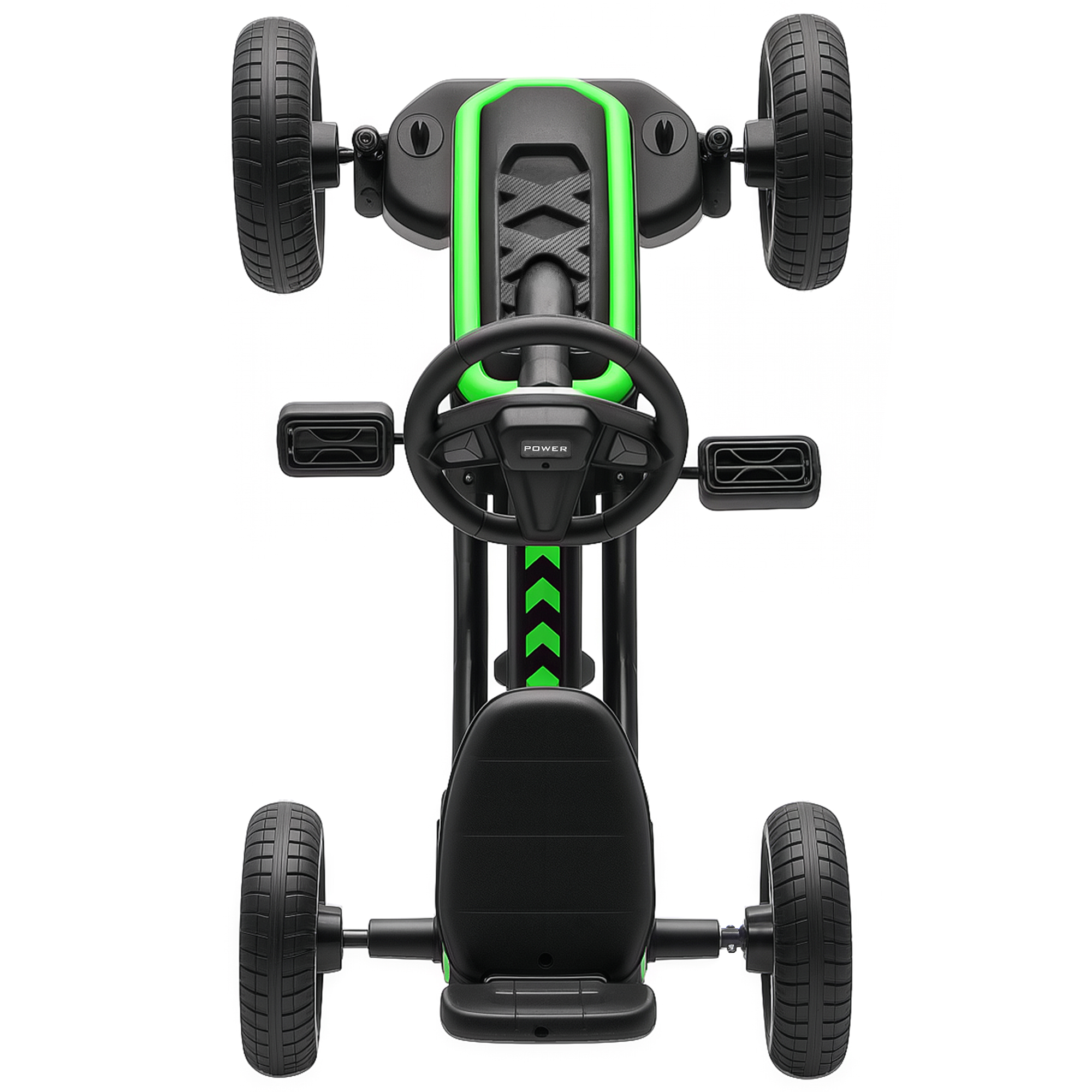 Un go-kart negro con detalles verdes y un volante.