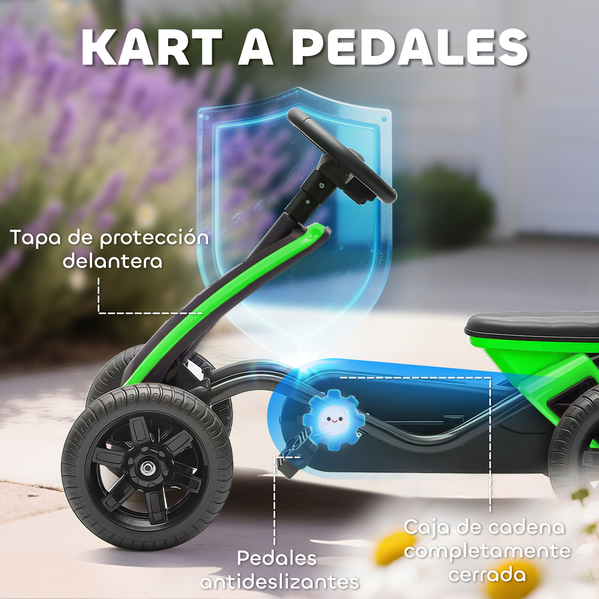Un go-kart a pedales verde y negro con escudo protector y texto.