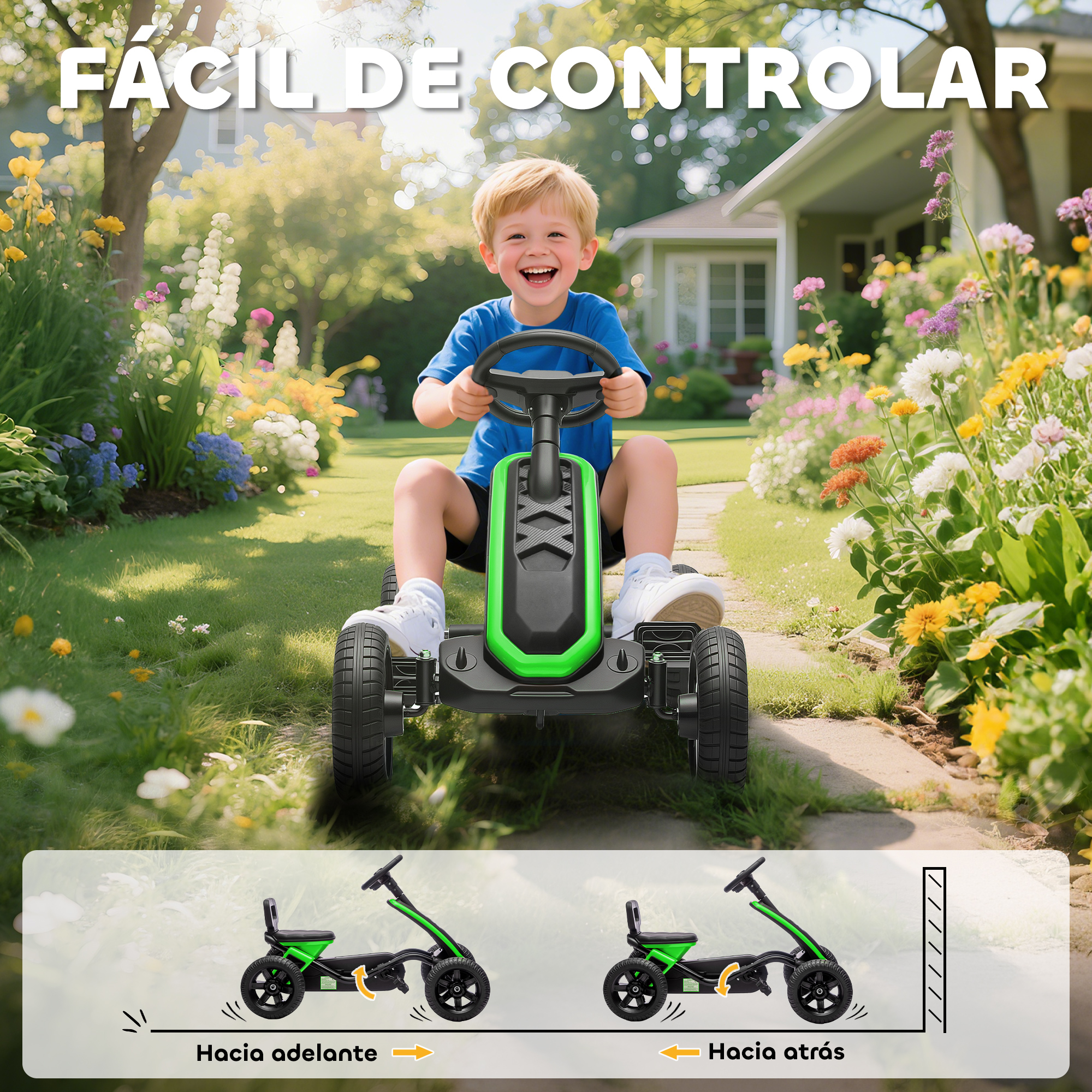 Un niño conduce un go-kart verde en un césped soleado con flores.