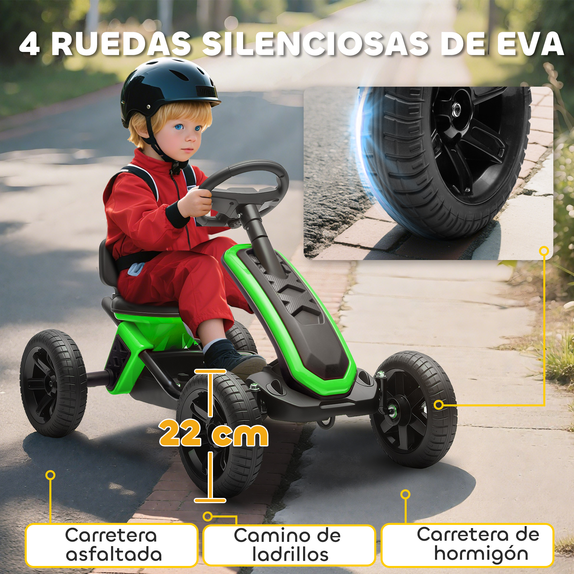 Un niño con traje rojo de carreras conduce un kart verde con ruedas de EVA.