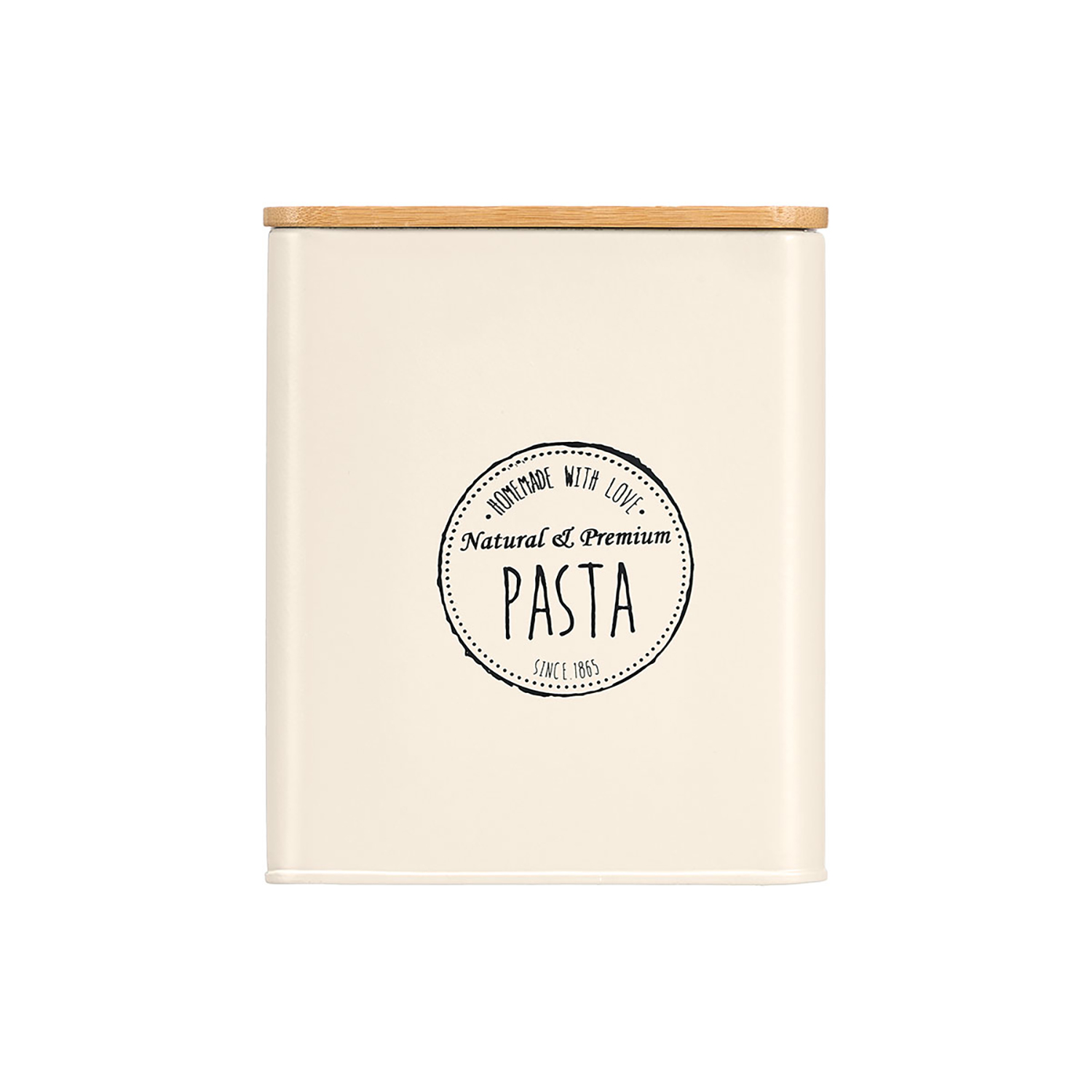 Latta per pasta color crema con coperchio in legno ed etichetta 'PASTA'.