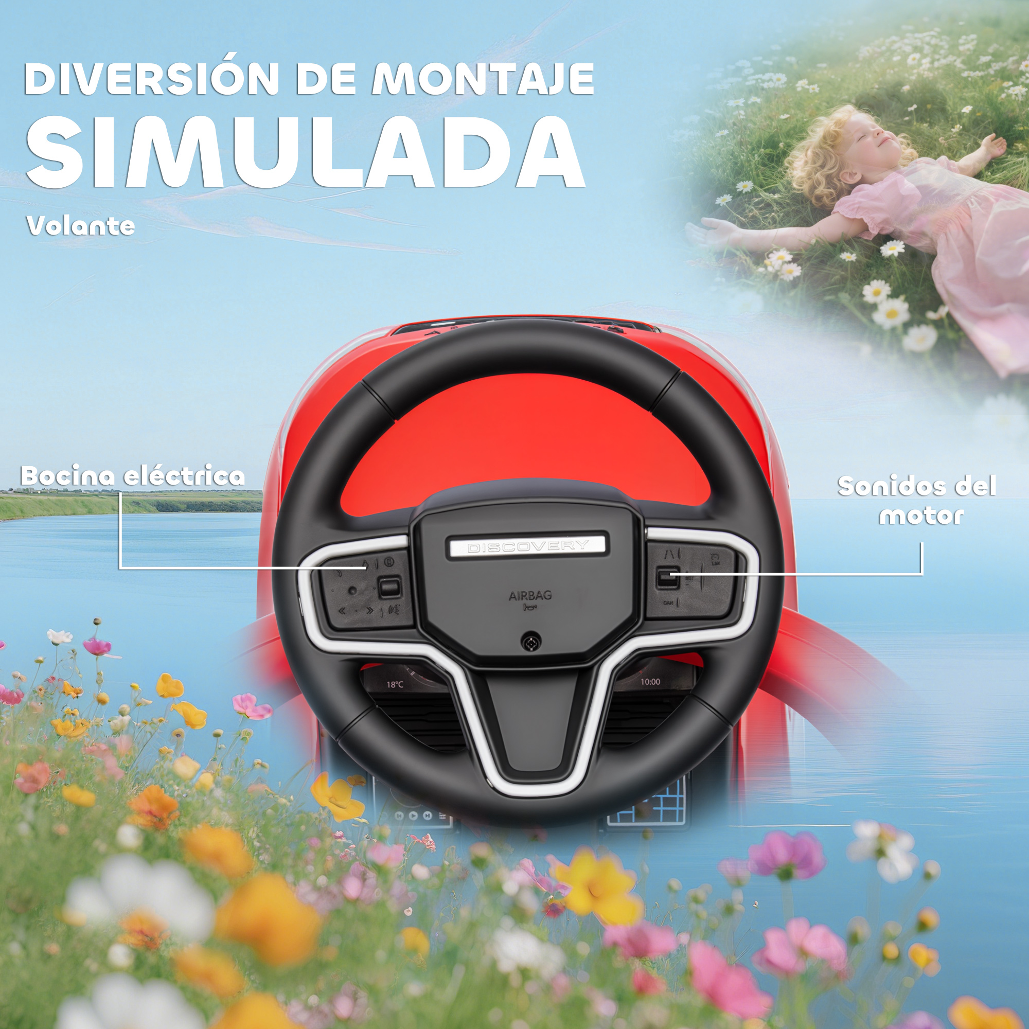 Un volante de coche de juguete rojo con botones frente a agua y flores.