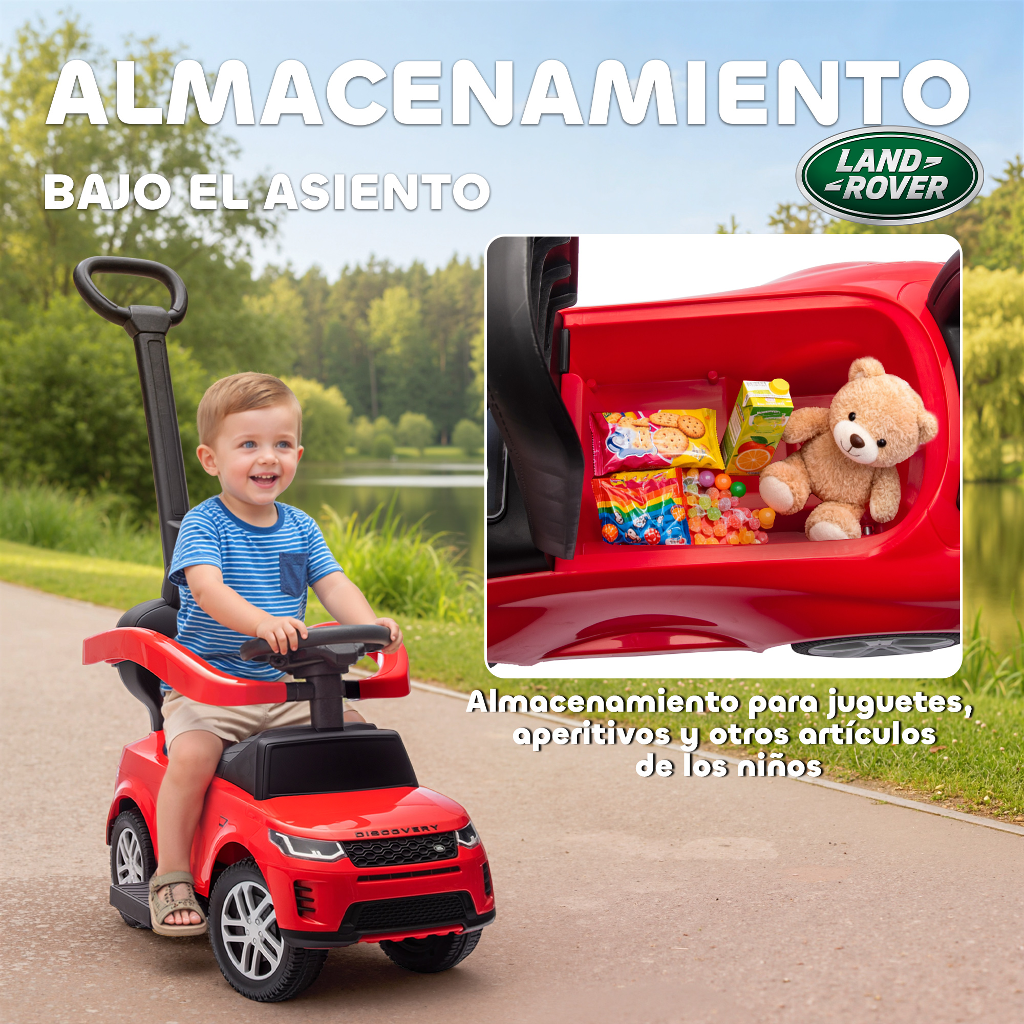 Un niño conduce un coche de juguete rojo con oso de peluche y snacks.