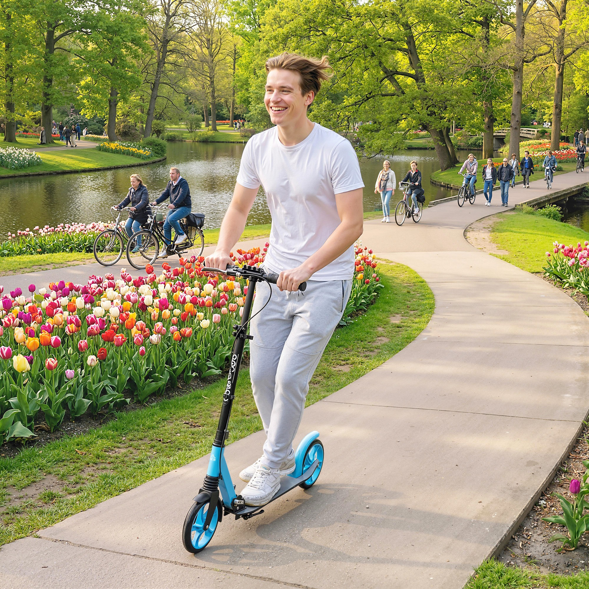Un hombre monta un scooter azul por un parque con tulipanes y un estanque.