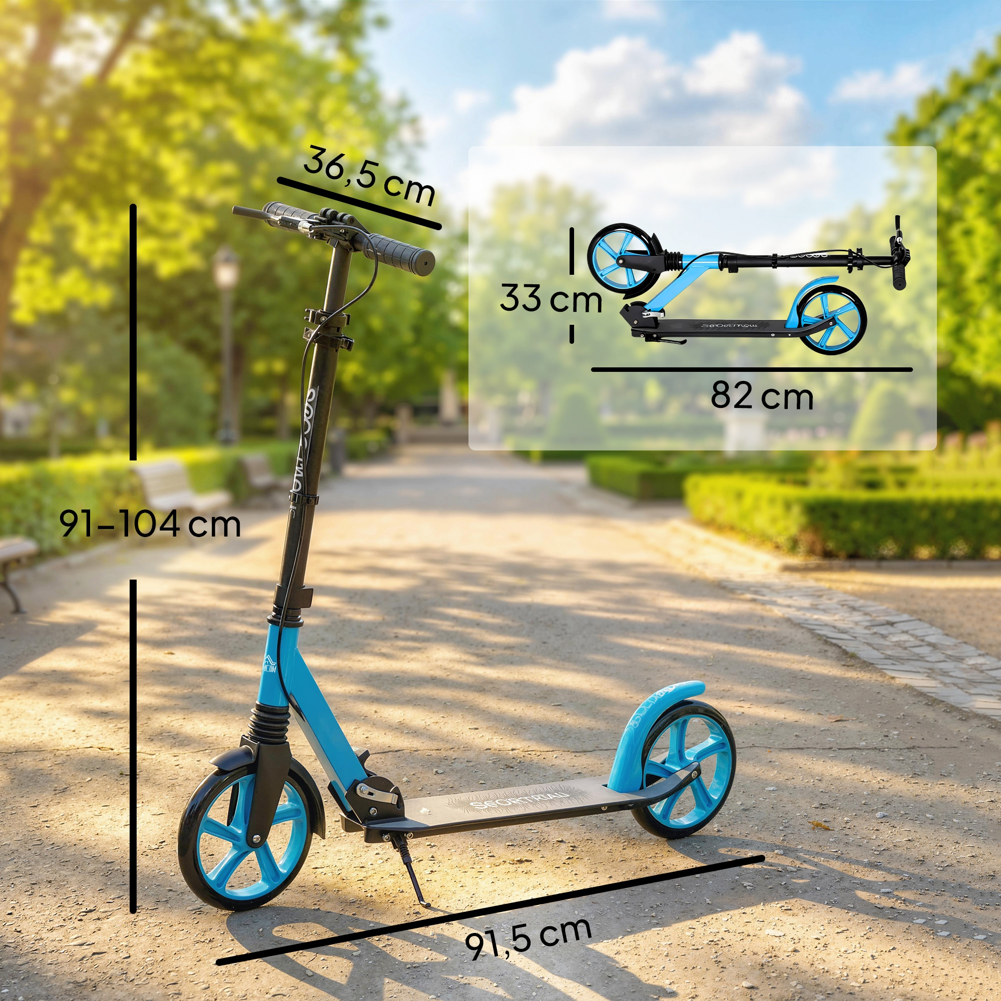 Un patinete azul con ruedas negras está en un camino del parque.