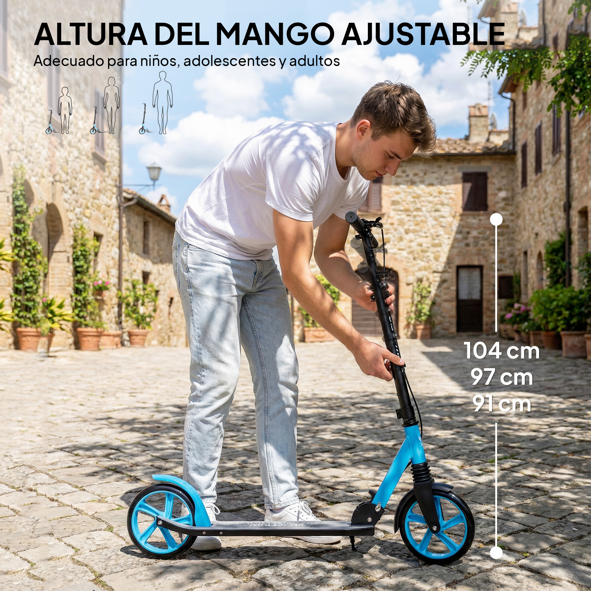 Un hombre ajusta la altura de un patinete azul. Se muestran medidas de altura.