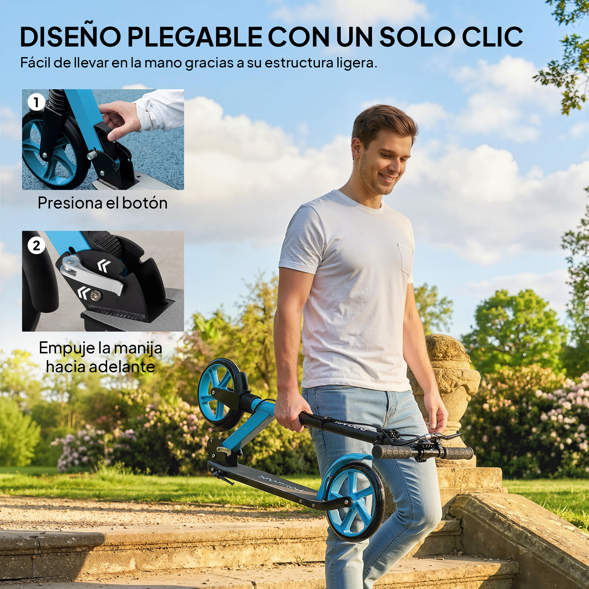 Hombre con patinete azul plegándolo, al aire libre en escalones.