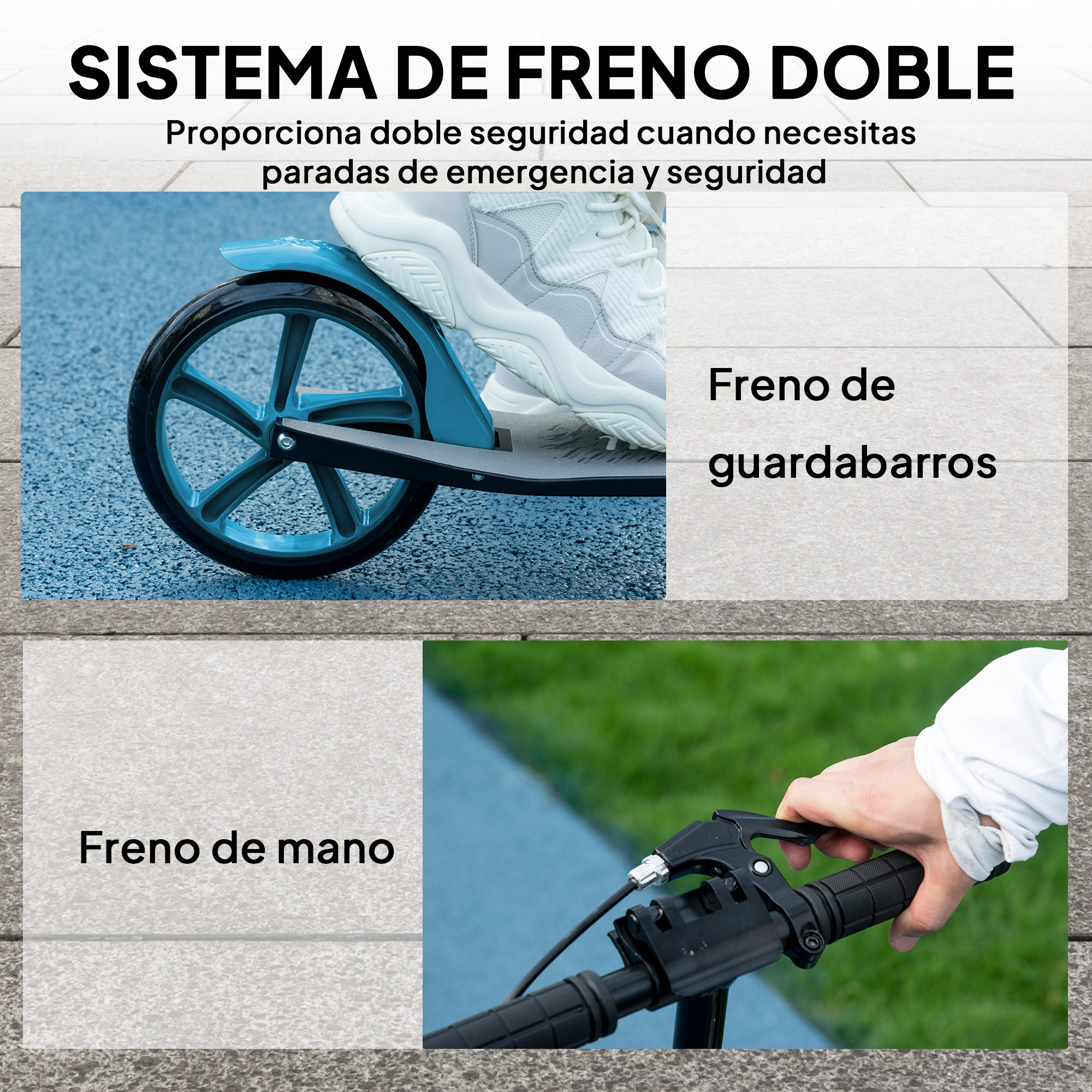 Primer plano de un patinete mostrando freno de mano y freno de guardabarros.