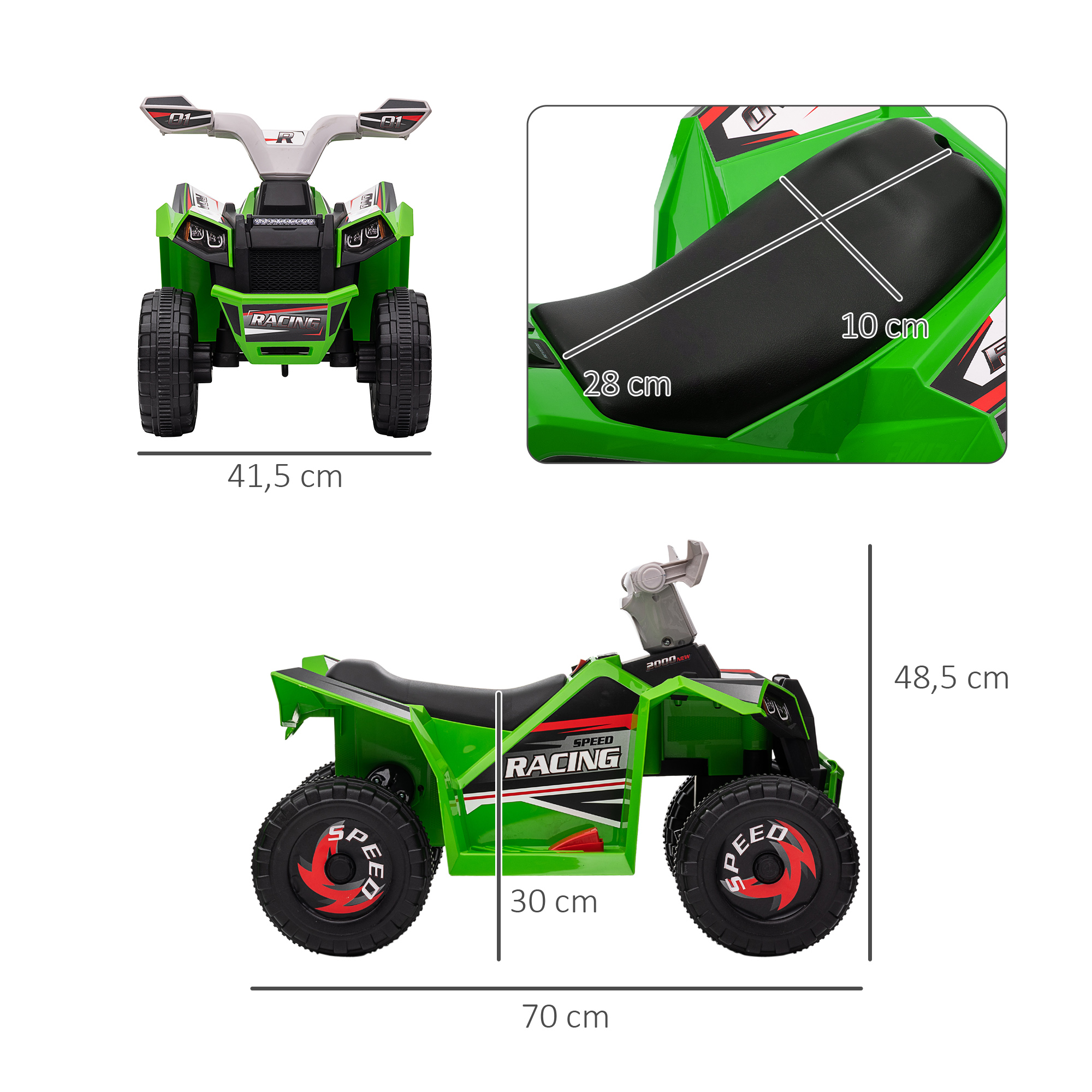 Quad verde con calcomanías de carreras. Dimensiones provistas.
