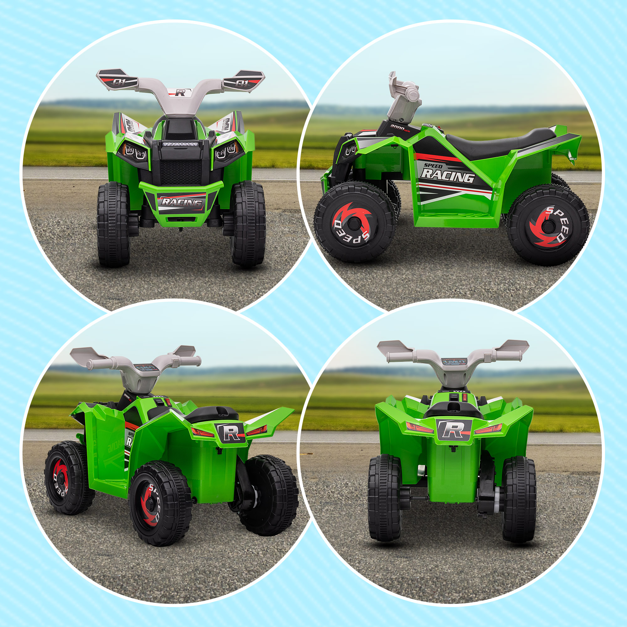 Quad infantil verde con ruedas negras y calcomanías de 'Racing'.