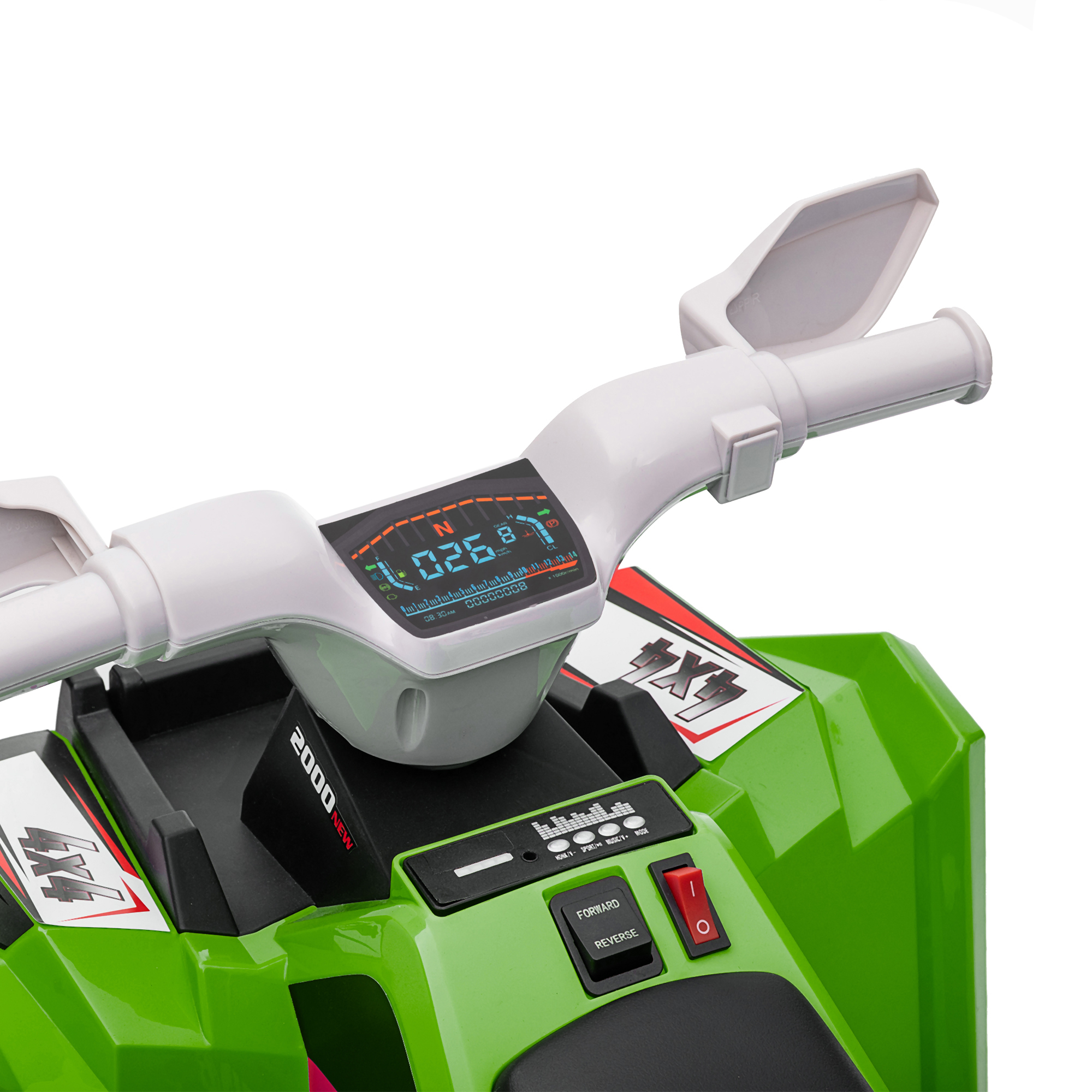 Quad verde con pantalla digital, manillar, interruptores y pegatinas "4x4".