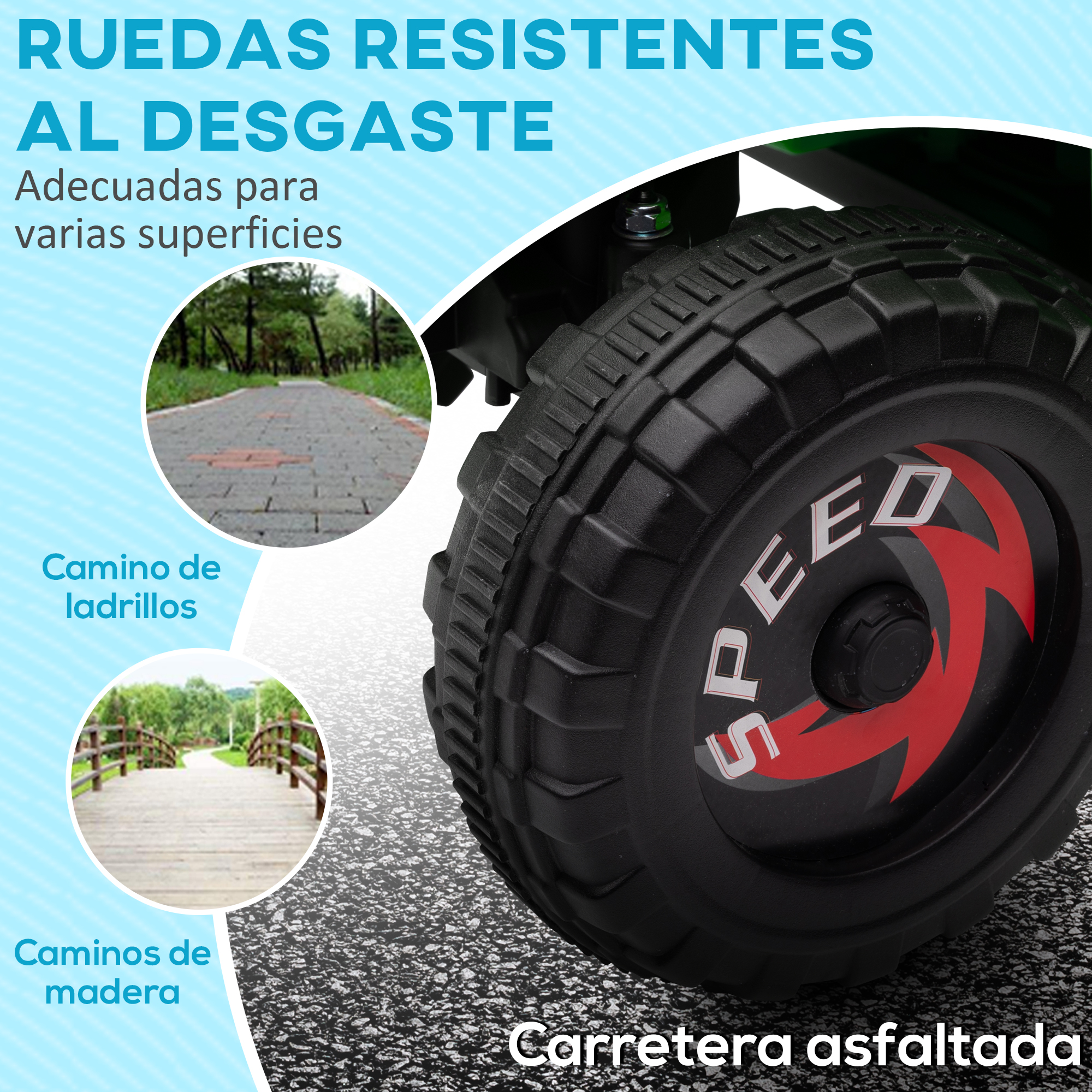 Una rueda negra con la inscripción SPEED sobre carretera asfaltada.