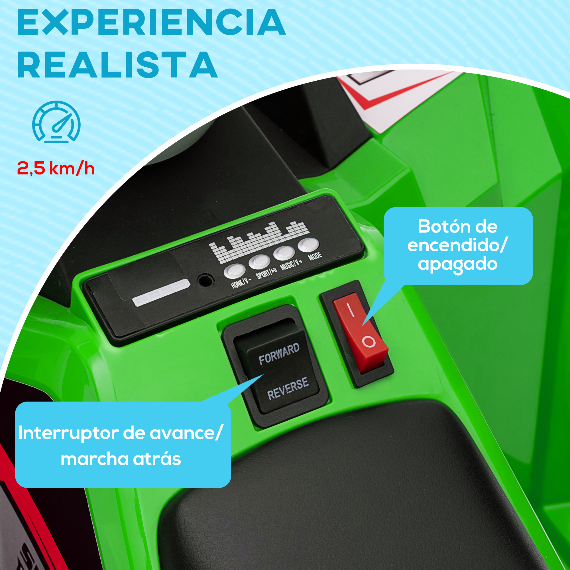 Controles de coche de juguete verde: velocidad 2,5 km/h, interruptor adelante/atrás, botón de encendido/apagado.