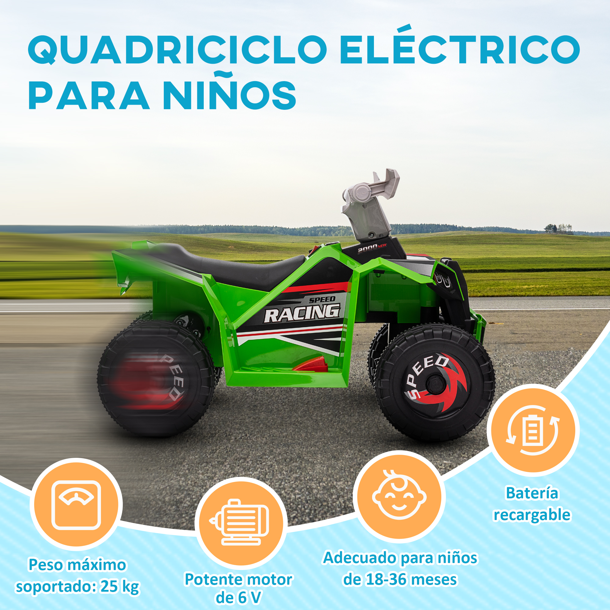 Quad eléctrico verde para niños con calcomanía 'Speed Racing', sobre asfalto.