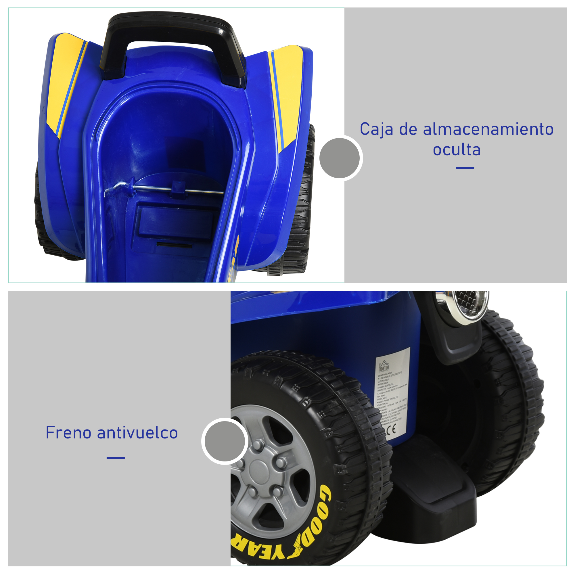 Quad de juguete azul con rayas amarillas y ruedas grandes. Compartimento oculto.