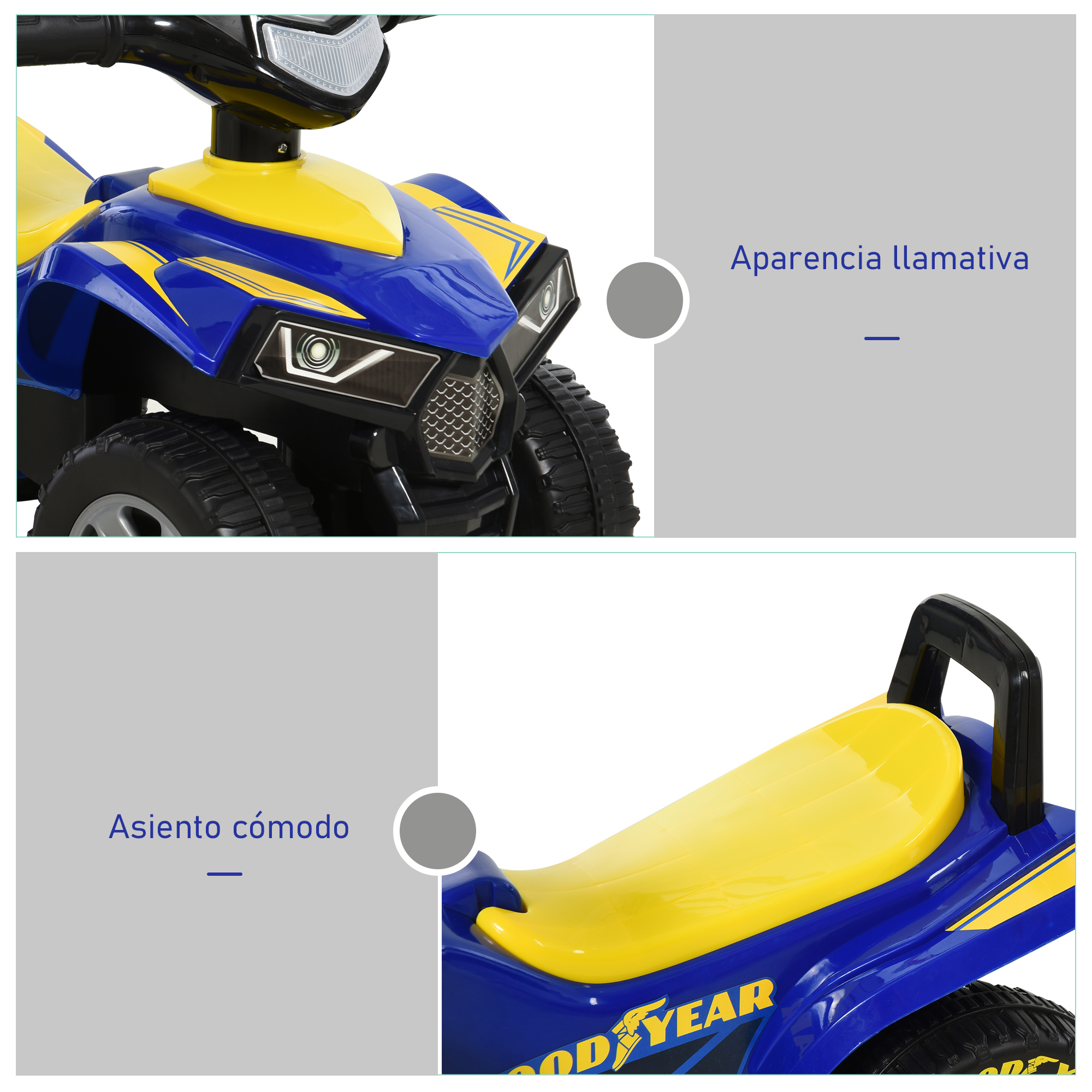 Un juguete infantil azul y amarillo con calcomanías y ruedas llamativas.