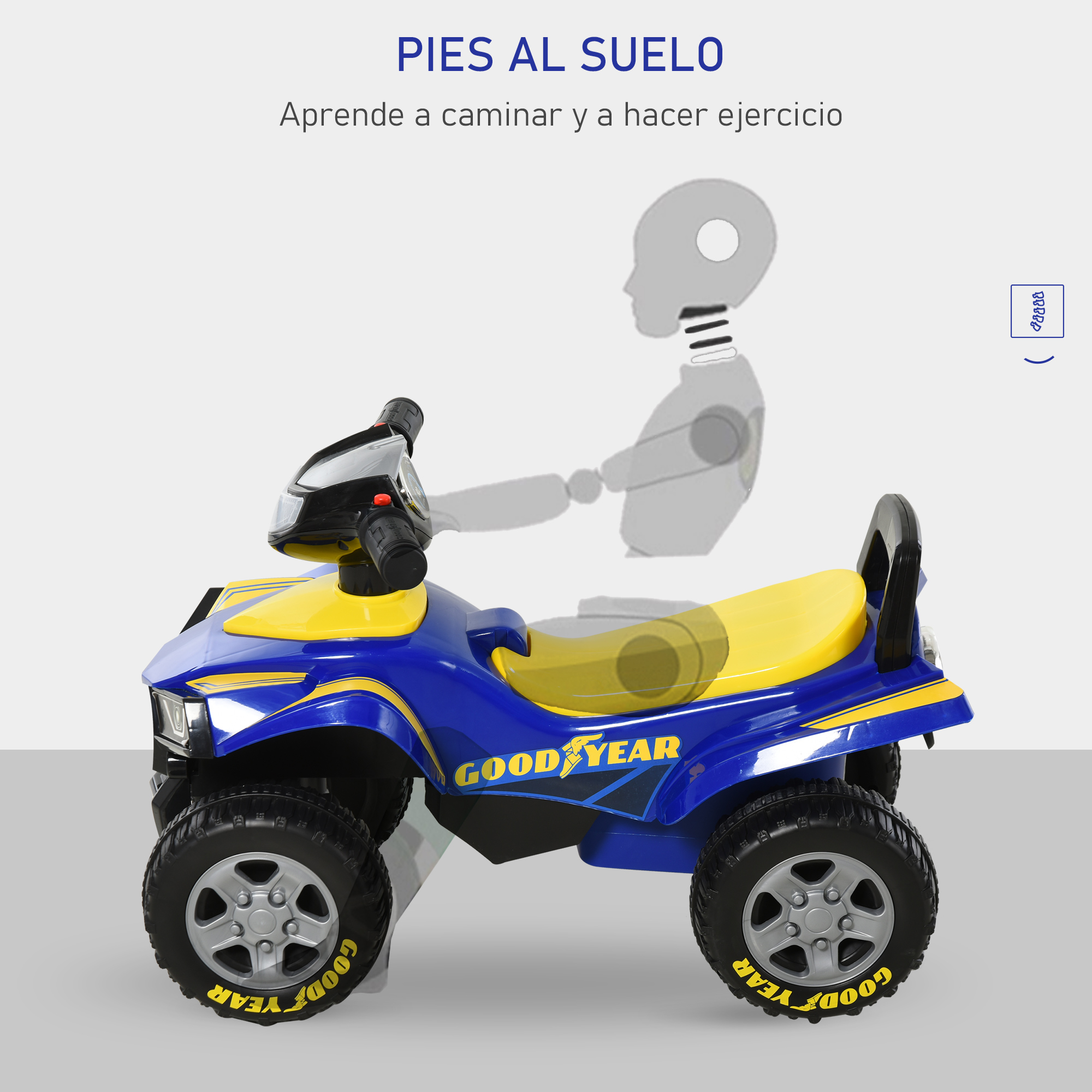 Un quad infantil azul y amarillo con pegatinas Goodyear y figura de conductor.