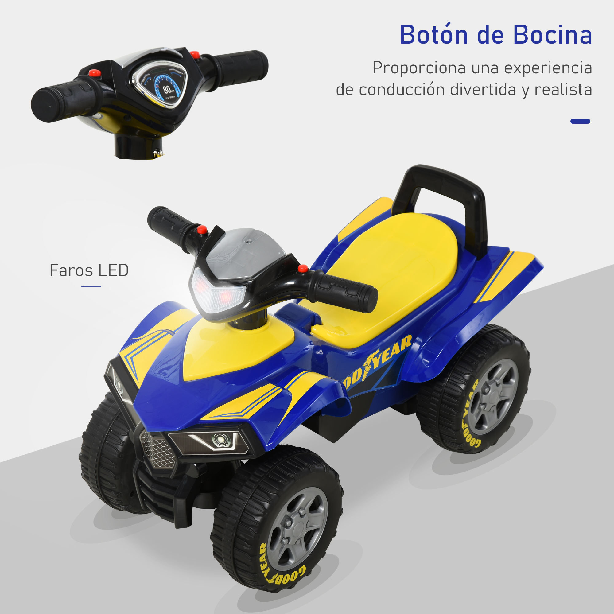 Quad infantil azul y amarillo con calcomanías Goodyear y faros LED.