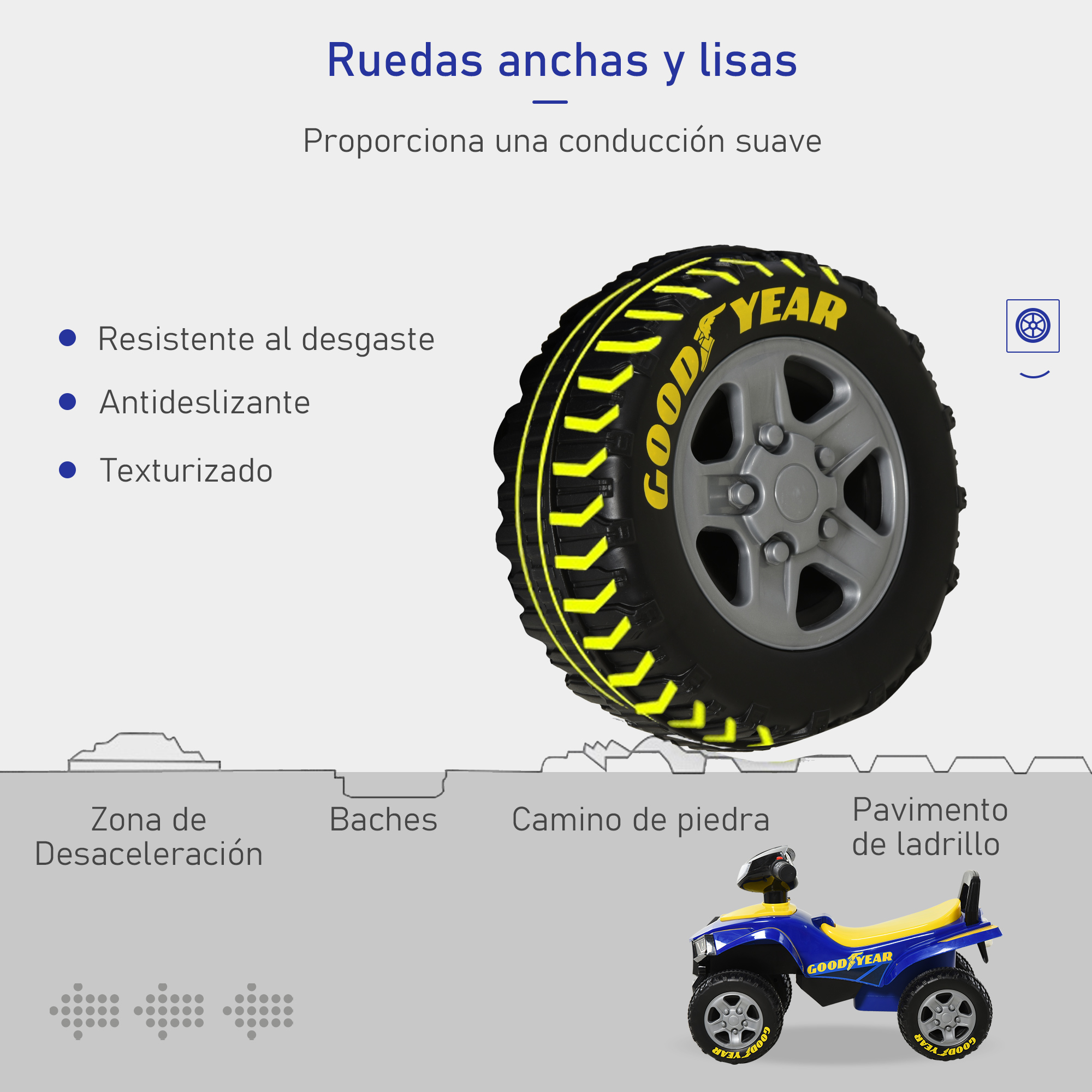 Rueda ancha y lisa con texto GOOD YEAR, junto a un vehículo infantil azul y amarillo.