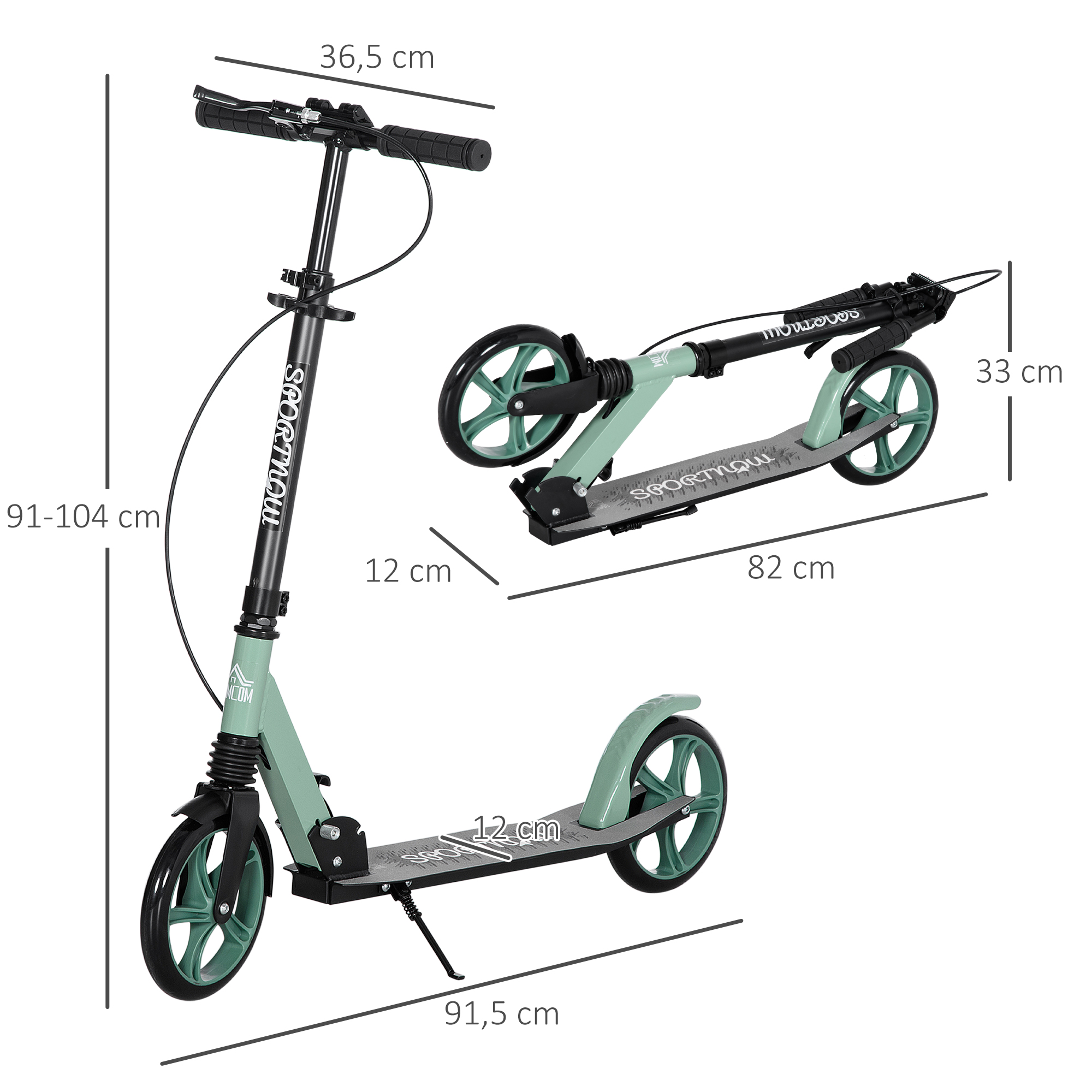 Un patinete verde menta con ruedas y mangos negros, se muestran las dimensiones.