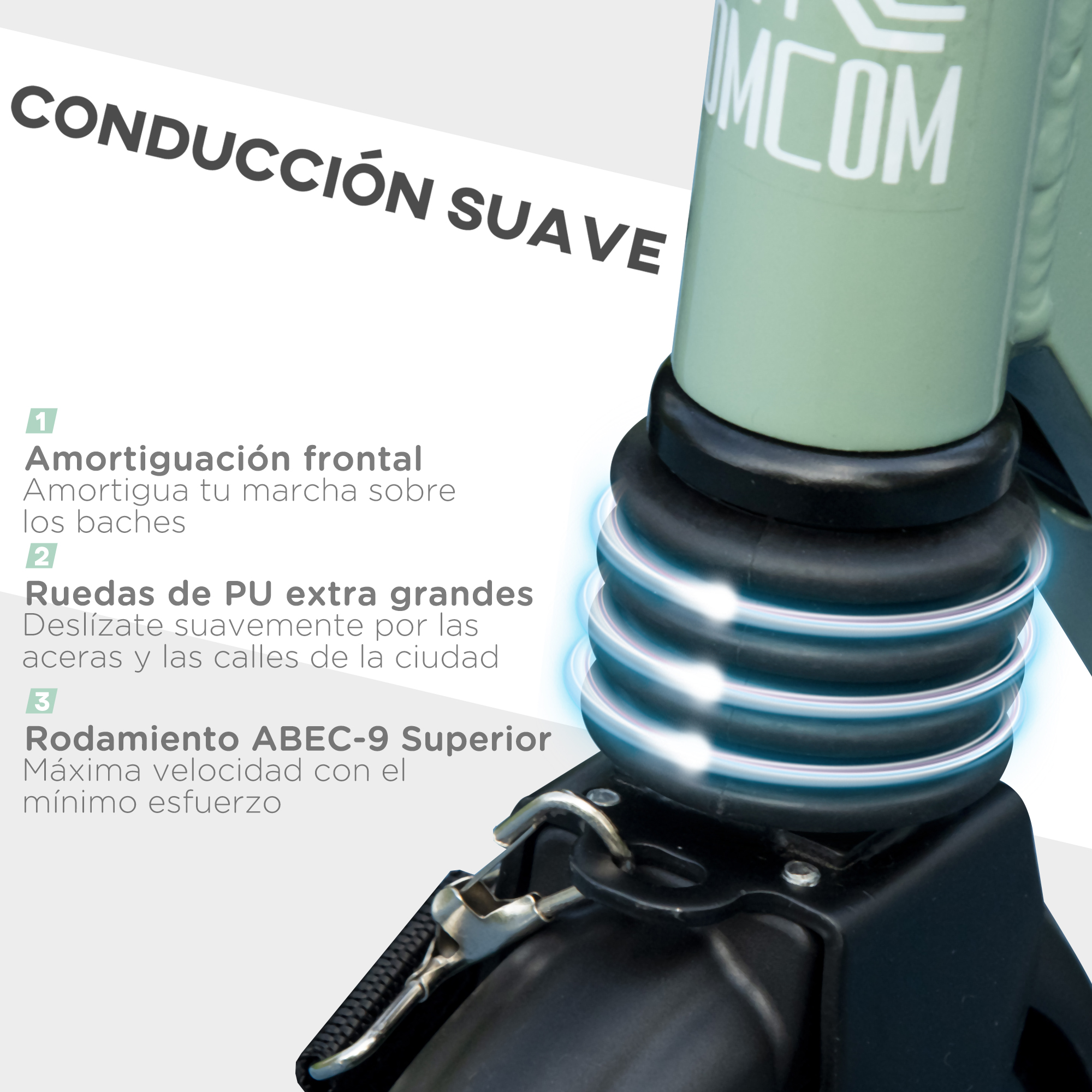 Primer plano de la suspensión de un patinete con texto sobre conducción suave.