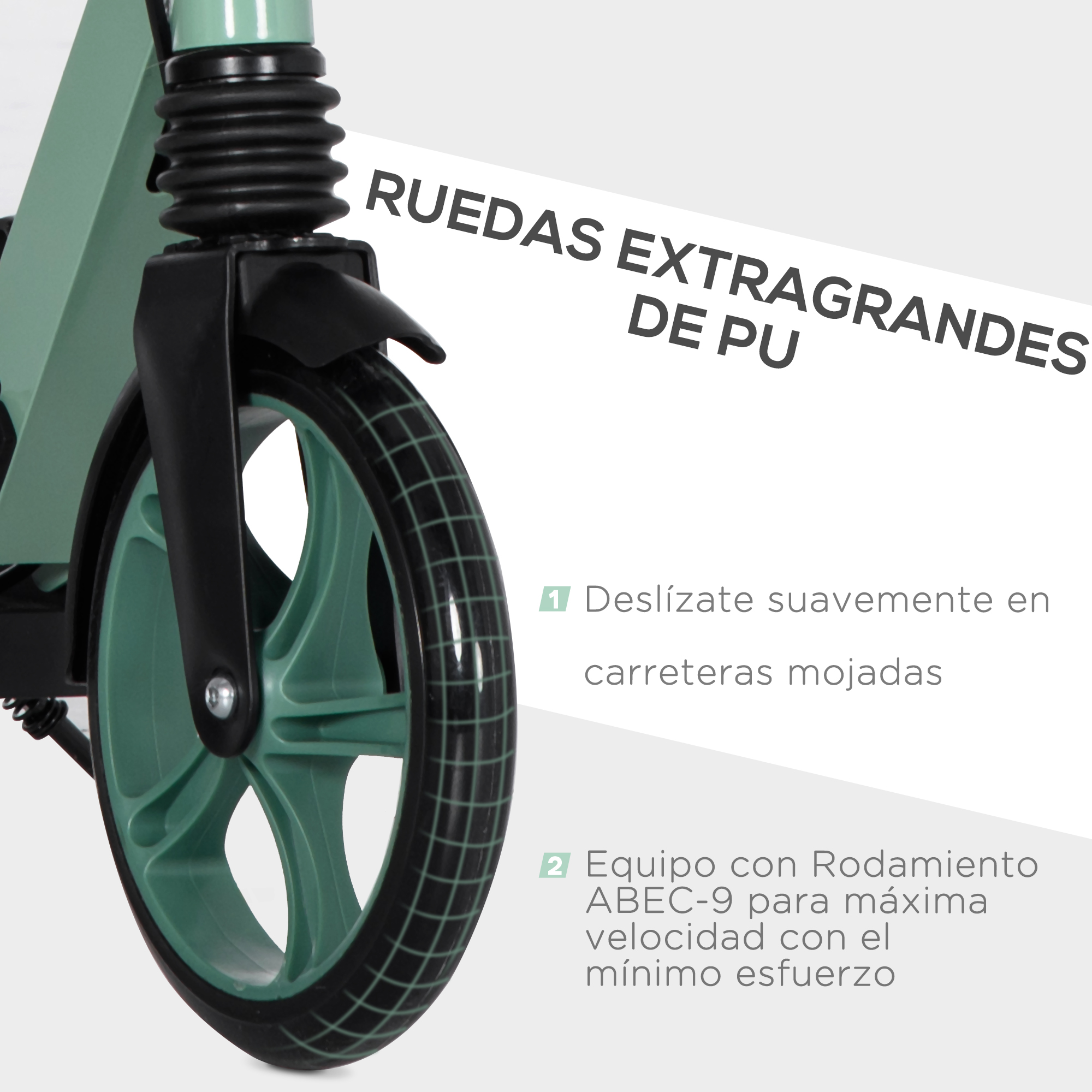 Horquilla de patinete verde con rueda grande de PU y suspensión. Texto.