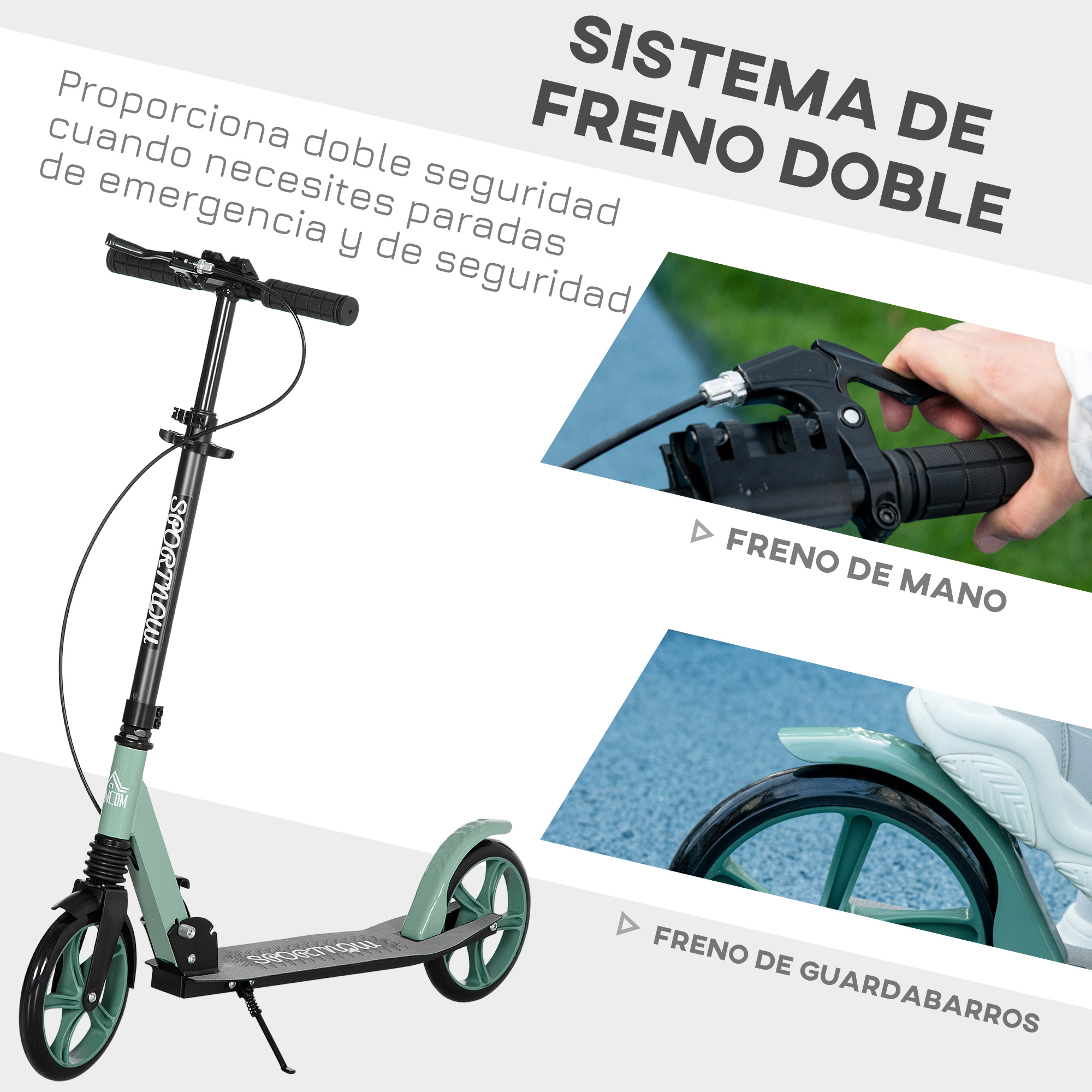 Un patinete verde con freno de mano y freno de guardabarros.