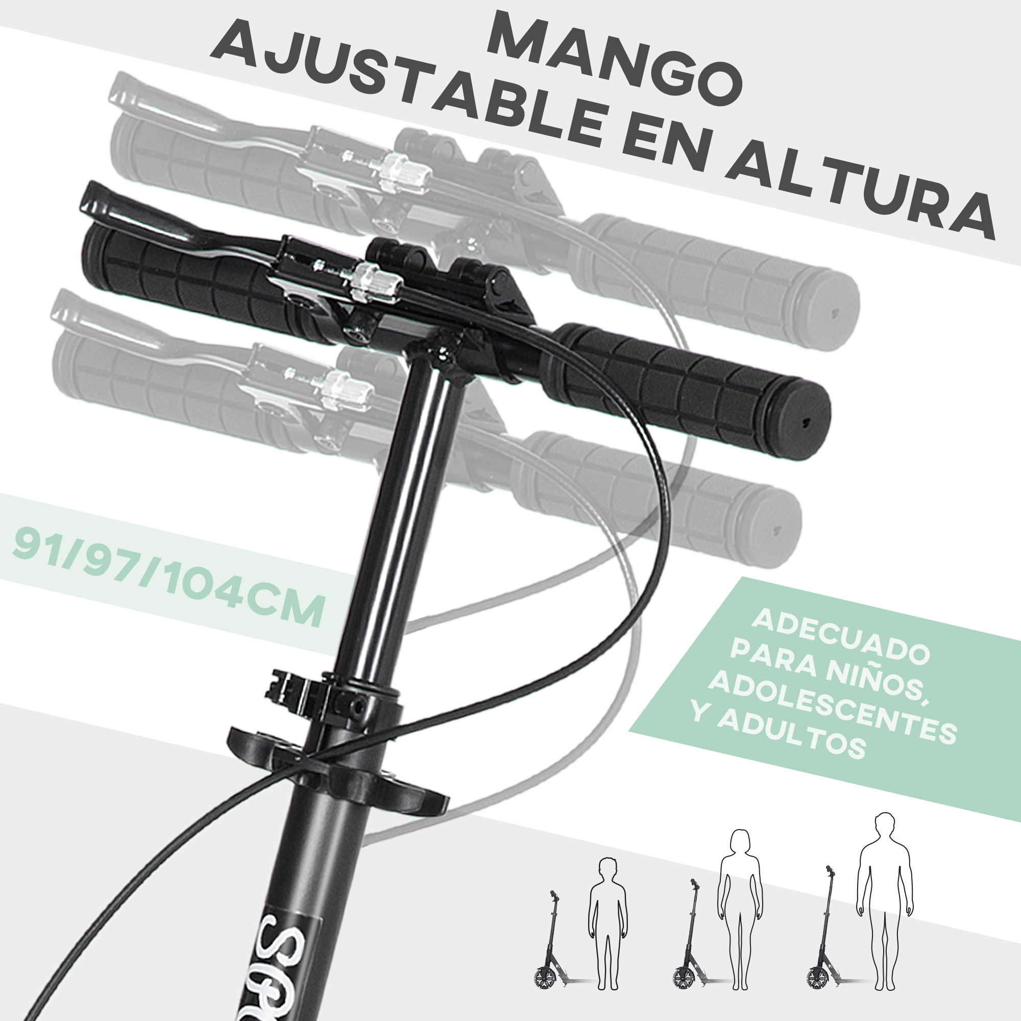 Manillar ajustable con puños y cable de freno, apto para niños y adultos.