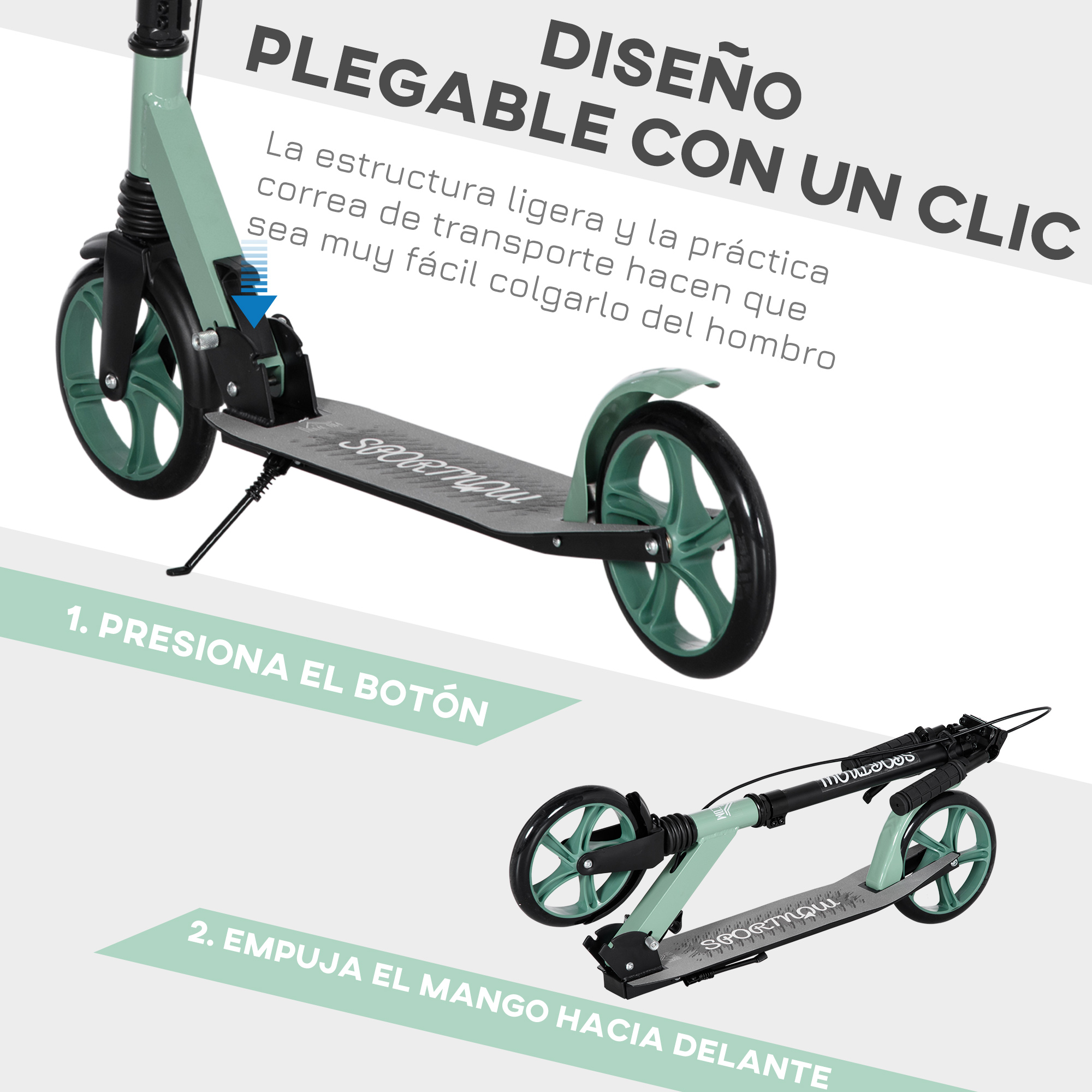 Un patinete verde menta con manillar y ruedas negras, diseñado para plegar.