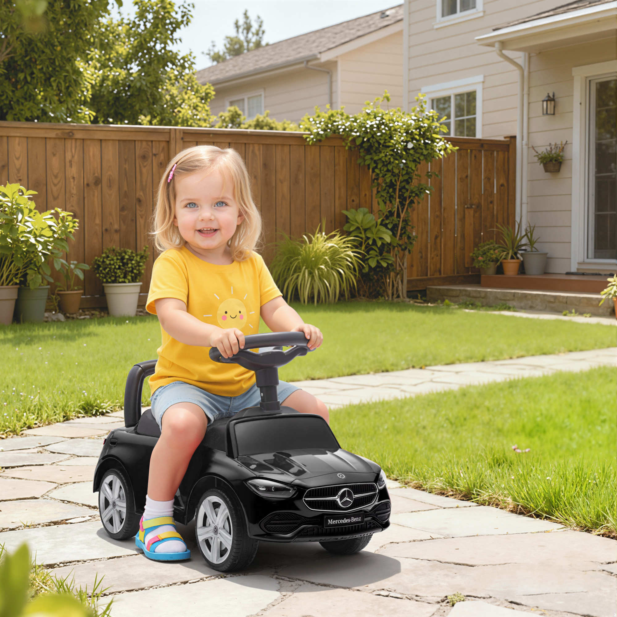 Un niño rubio con camiseta amarilla monta un coche de juguete Mercedes negro en un jardín.