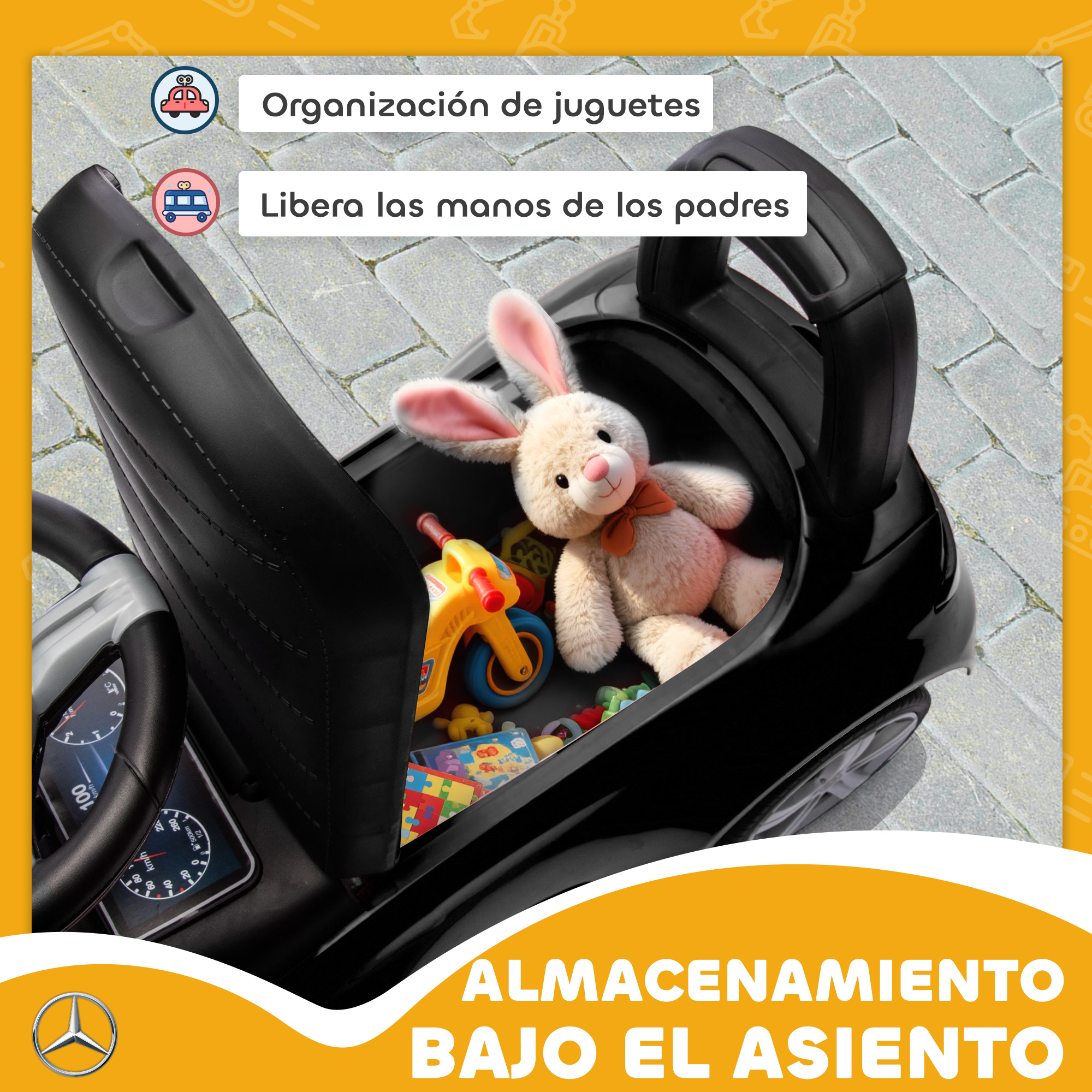 Un conejito de peluche y juguetes dentro de un coche negro. Se muestra almacenamiento bajo el asiento.