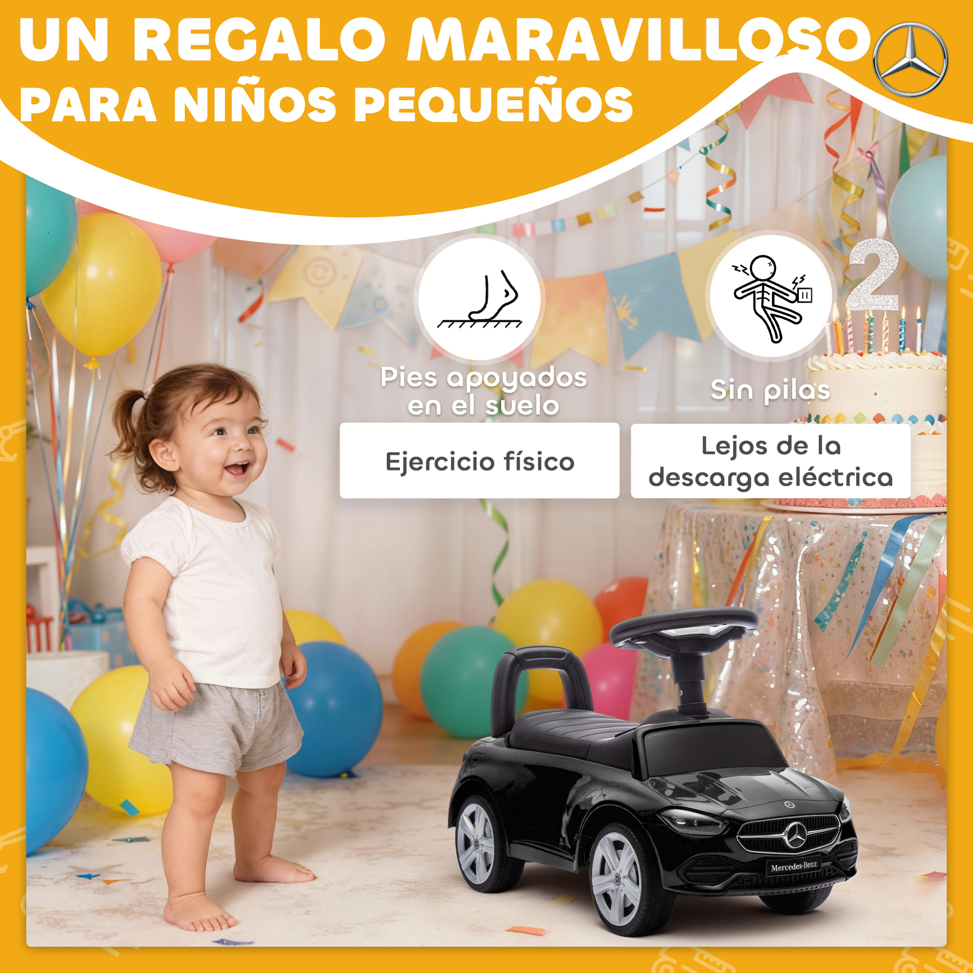 Un niño pequeño está junto a un coche de juguete Mercedes negro, rodeado de globos.