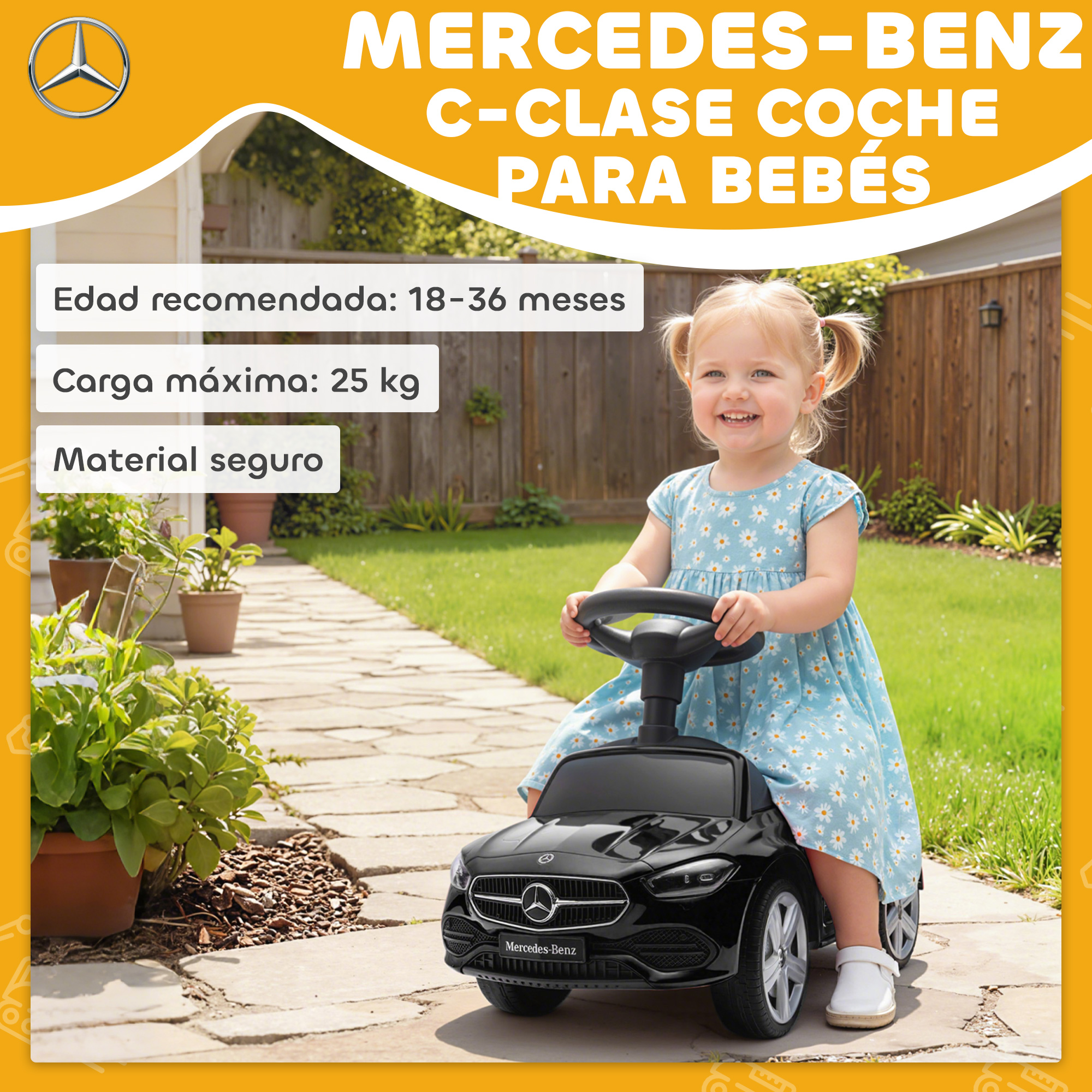 Una niña sonriente con vestido de margaritas azules se sienta en un coche negro.