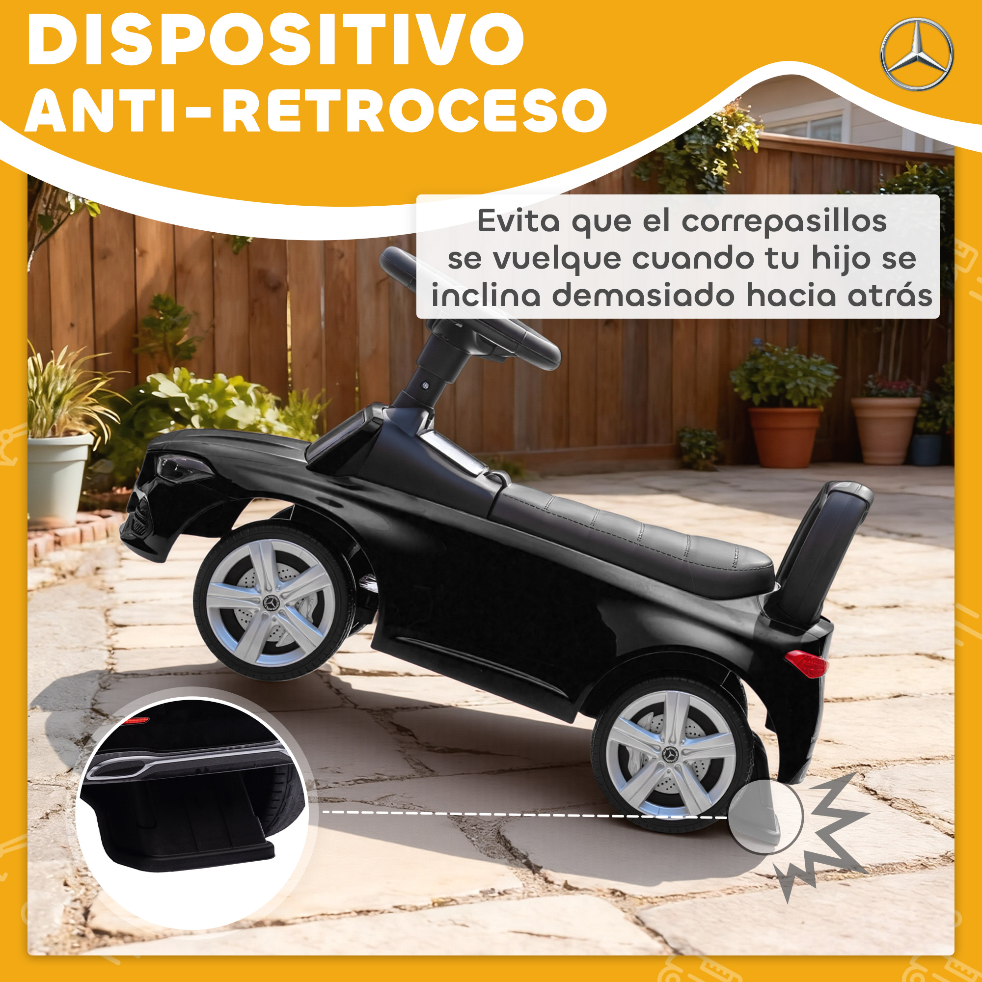 Cochecito negro para niños con logo de Mercedes y dispositivo antivuelco.