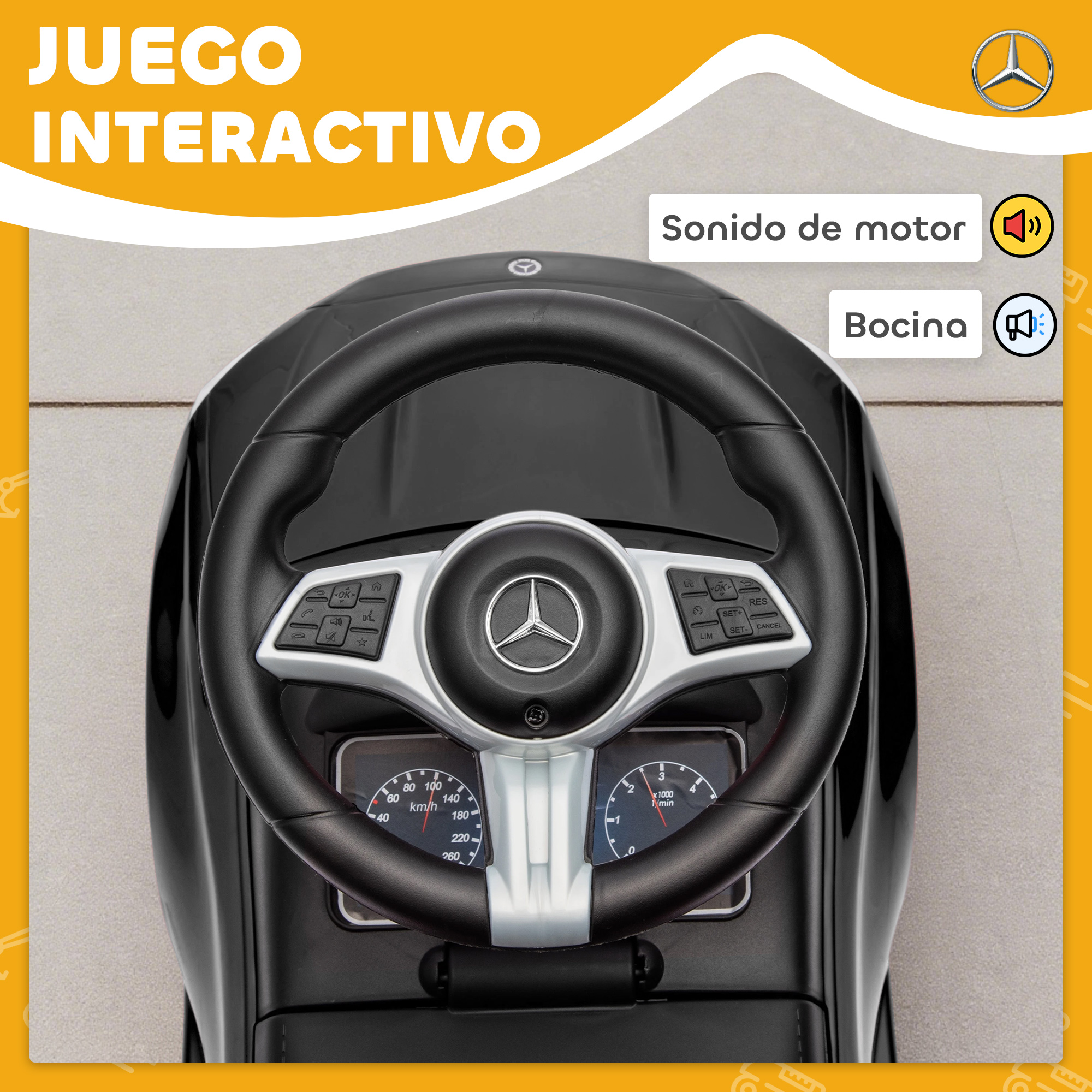 Un volante negro de coche de juguete con salpicadero y pantallas.