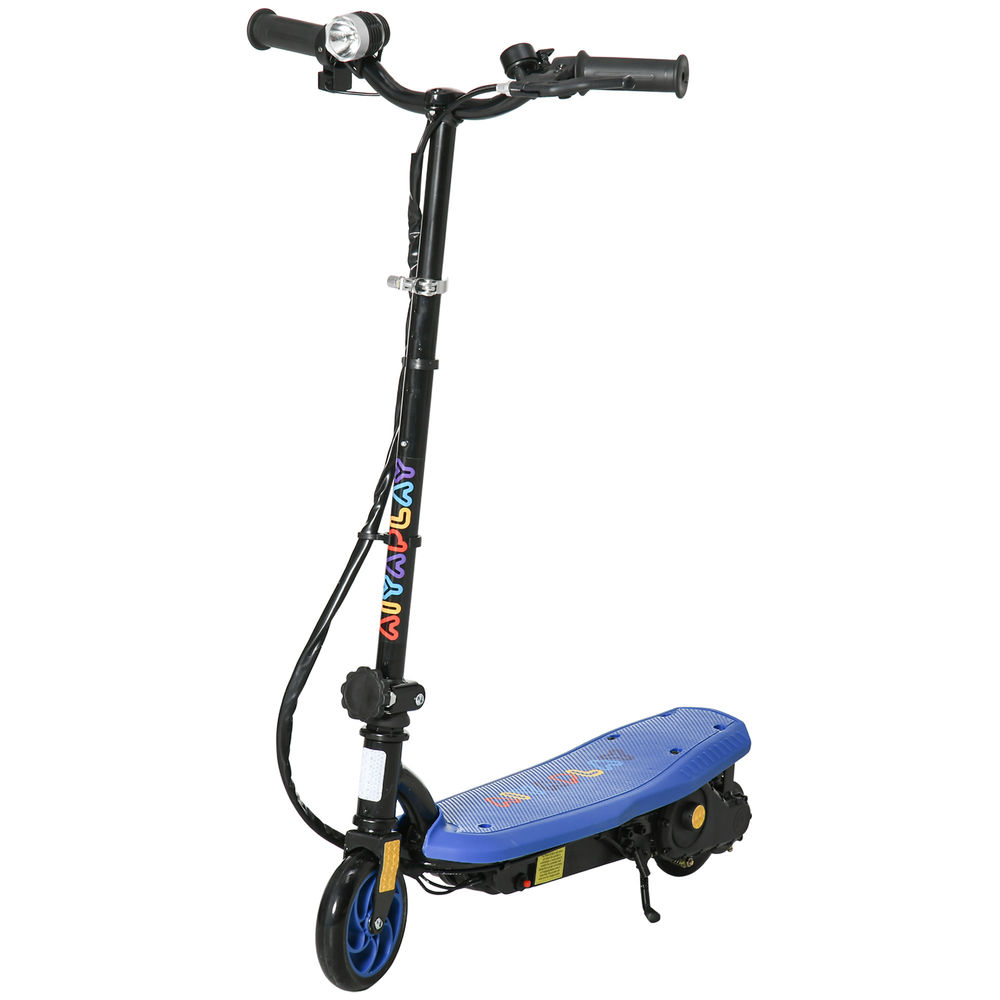 Un patinete eléctrico negro con plataforma azul y letras de colores.