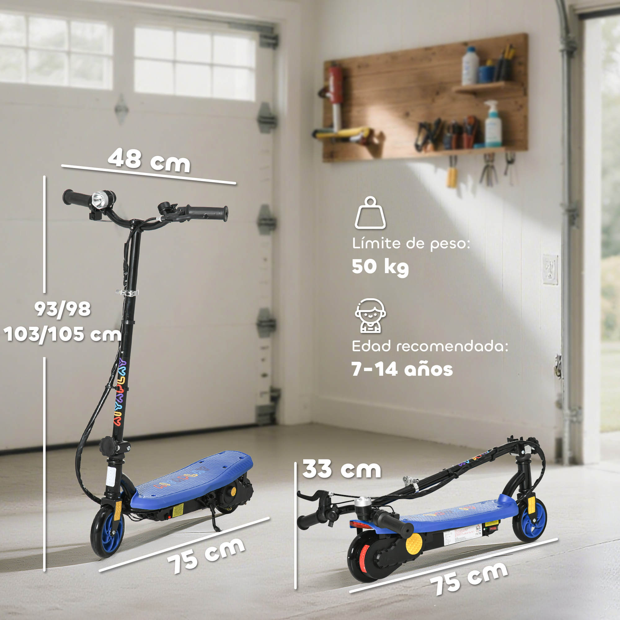 Dos patinetes eléctricos azules en un garaje con dimensiones: 48 cm ancho, 93-105 cm alto, 75 cm largo.