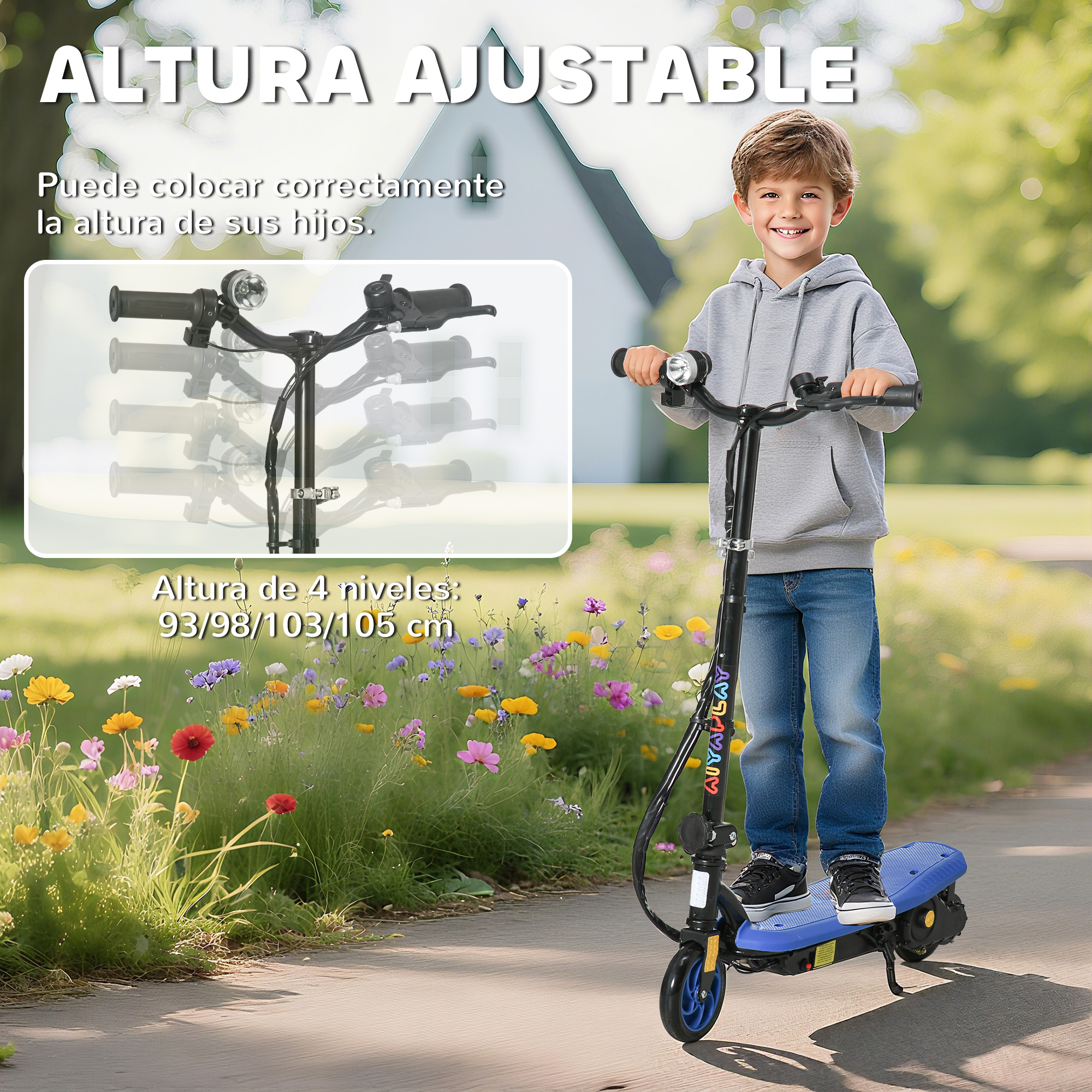 Un niño monta un patinete eléctrico azul de altura regulable al aire libre.