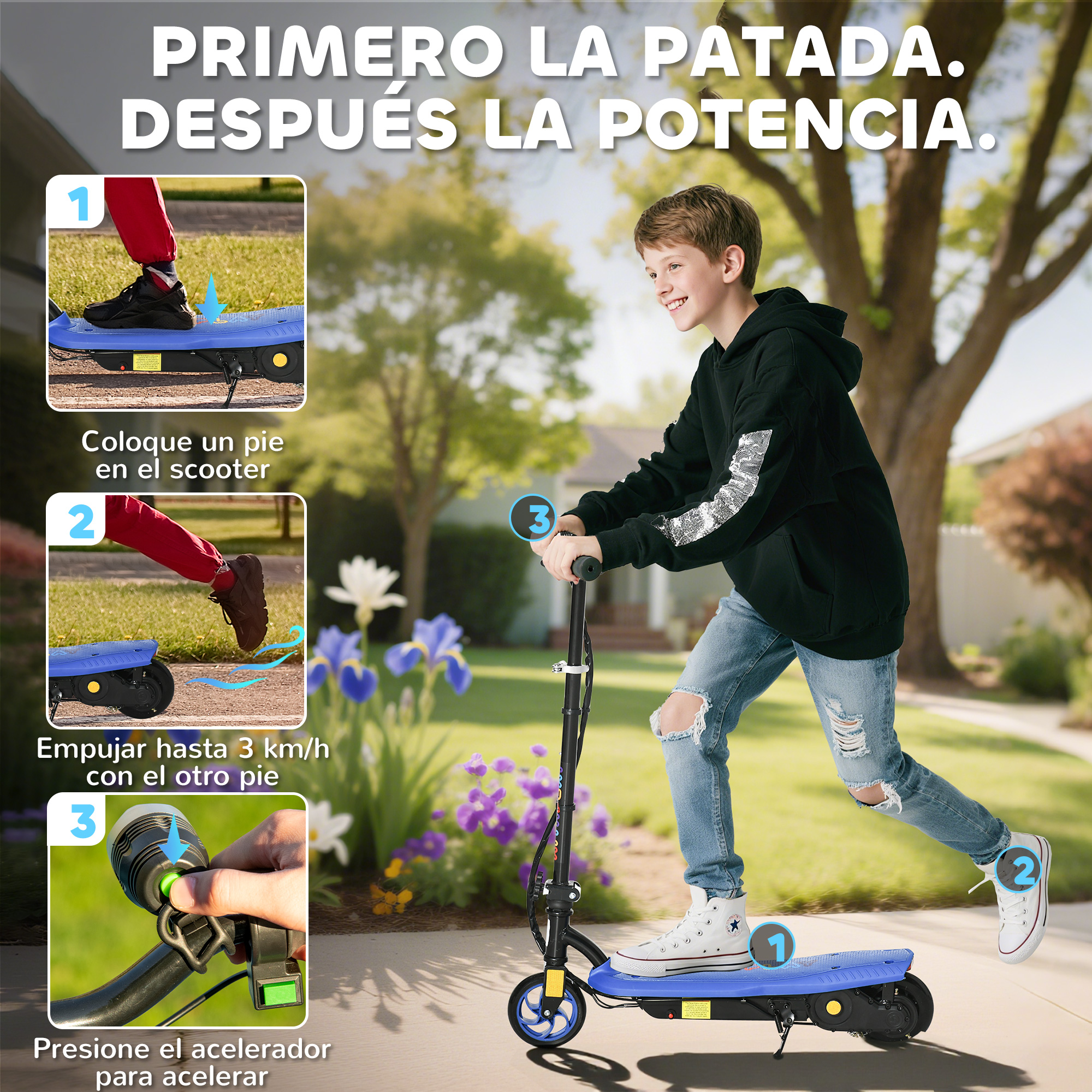 Niño en patinete eléctrico azul en un jardín. Se muestran pasos de instrucción.