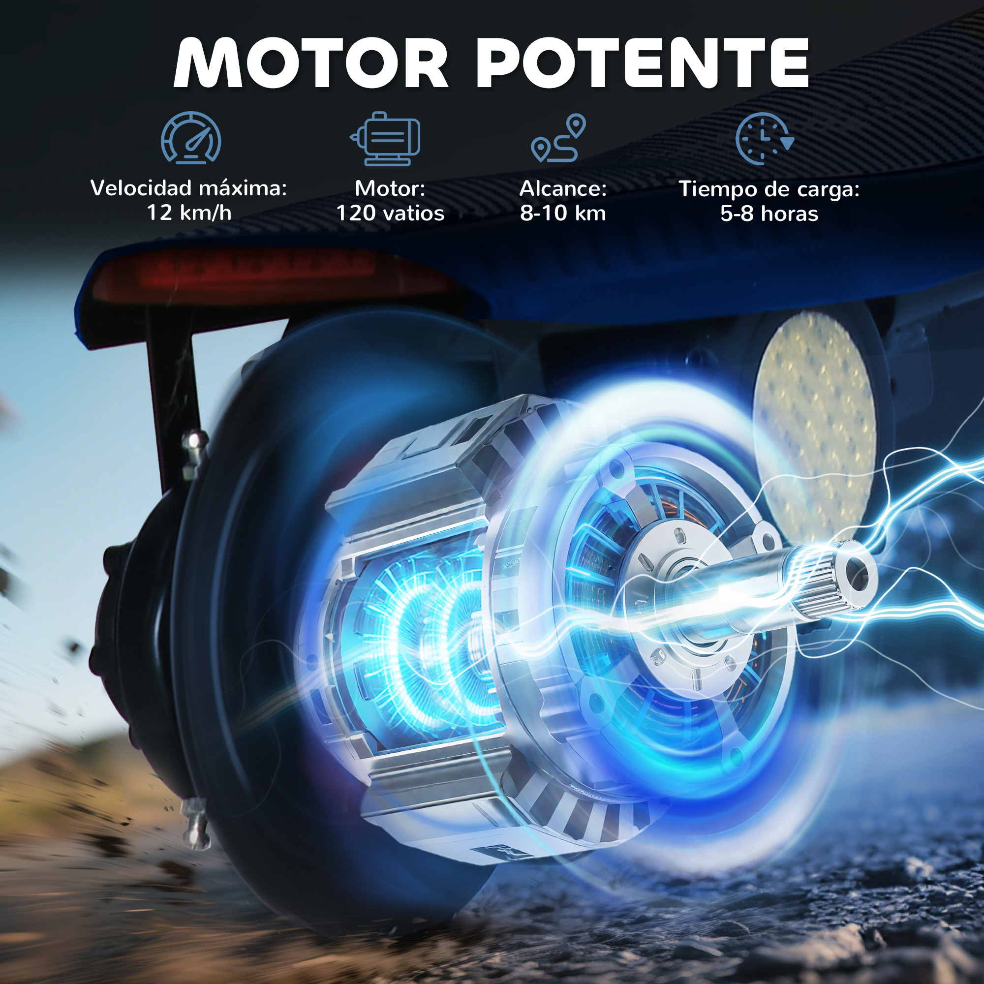 Primer plano de un motor eléctrico potente con luces azules y especificaciones.