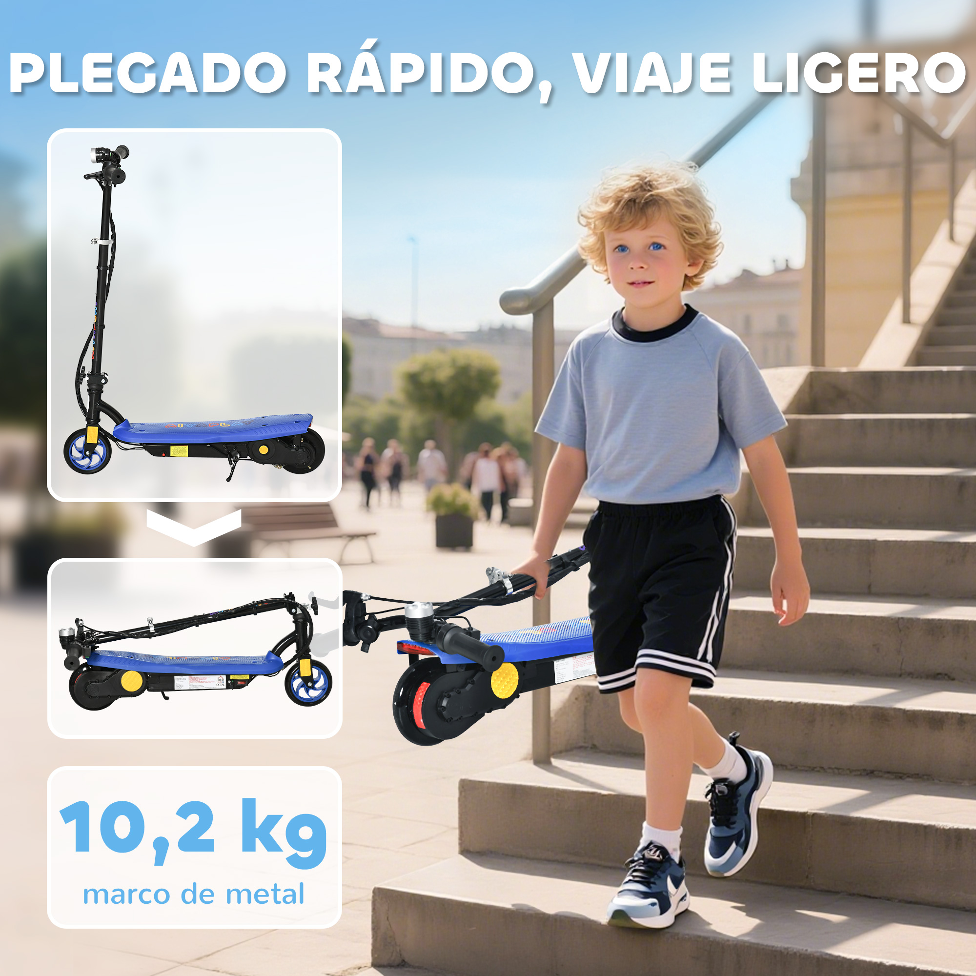 Un niño sube escaleras con un patinete eléctrico azul en primer plano.