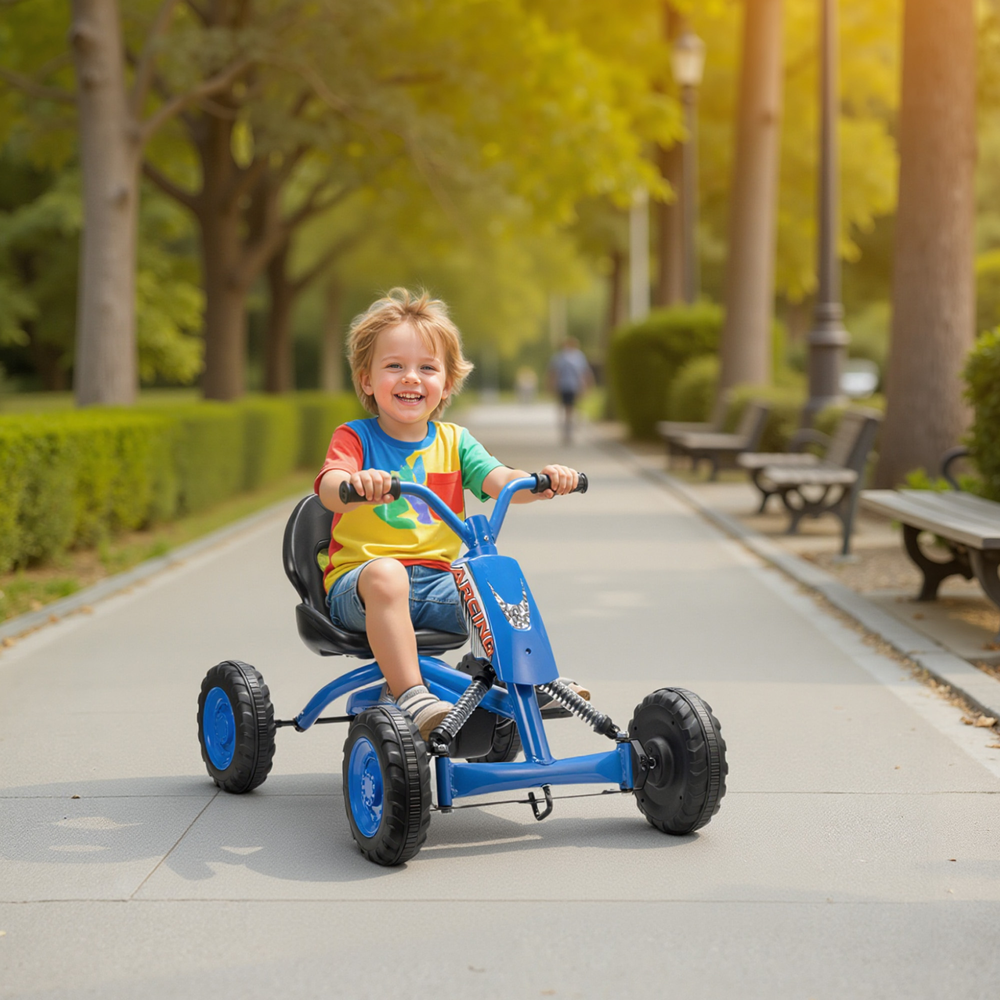 Un niño monta un coche de pedales azul en un camino del parque.